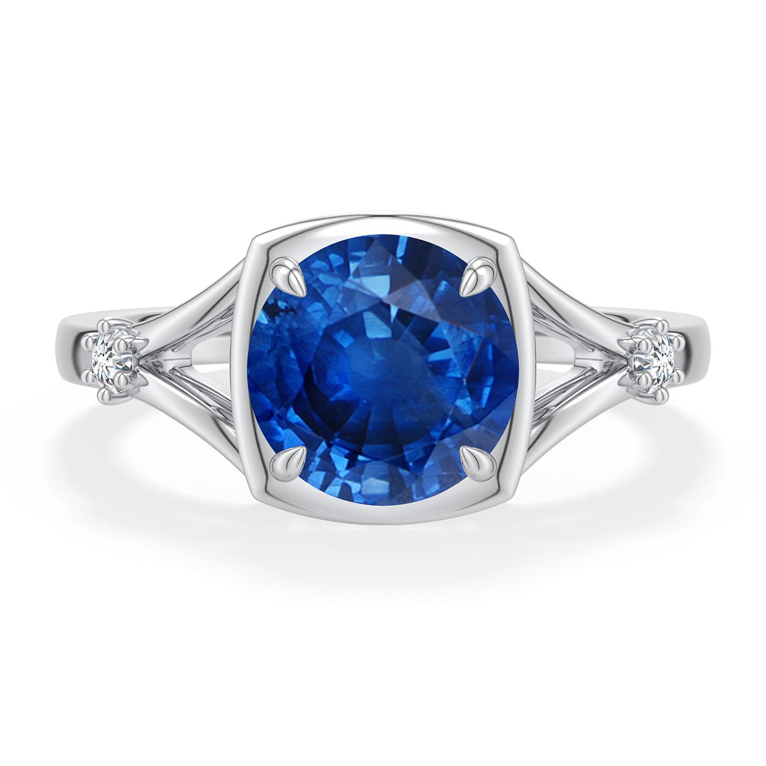 8mm AAA Round Blue Sapphire Split Shank Engagement Ring in White Gold - main