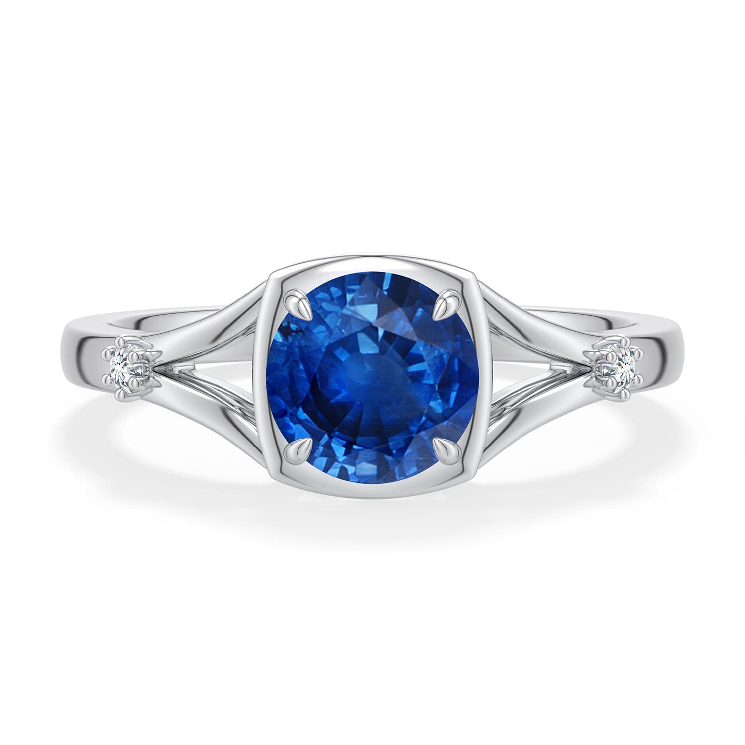 6.5mm AAA Round Blue Sapphire Split Shank Engagement Ring in 18K White Gold - main