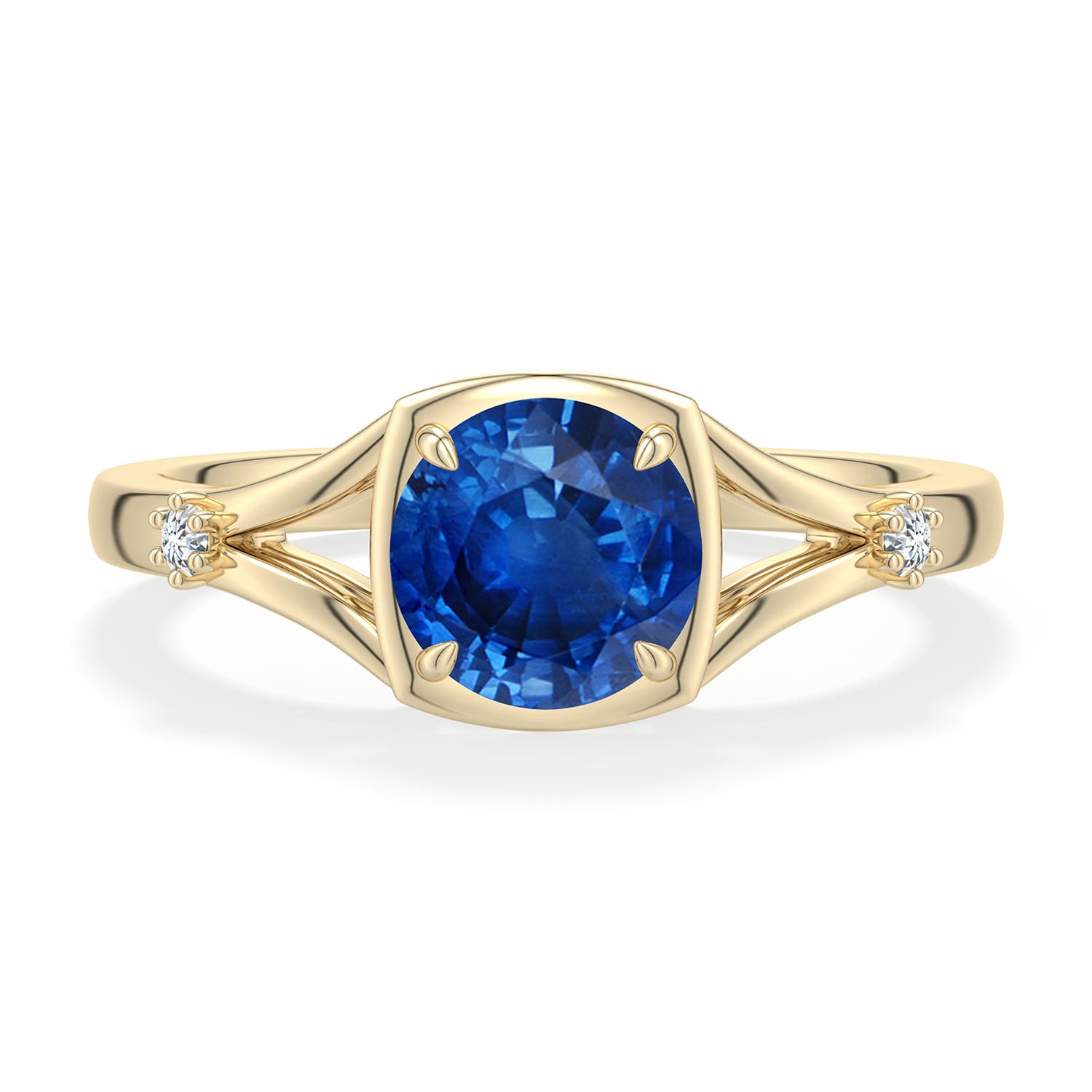6.5mm AAA Round Blue Sapphire Split Shank Engagement Ring in Yellow Gold - main