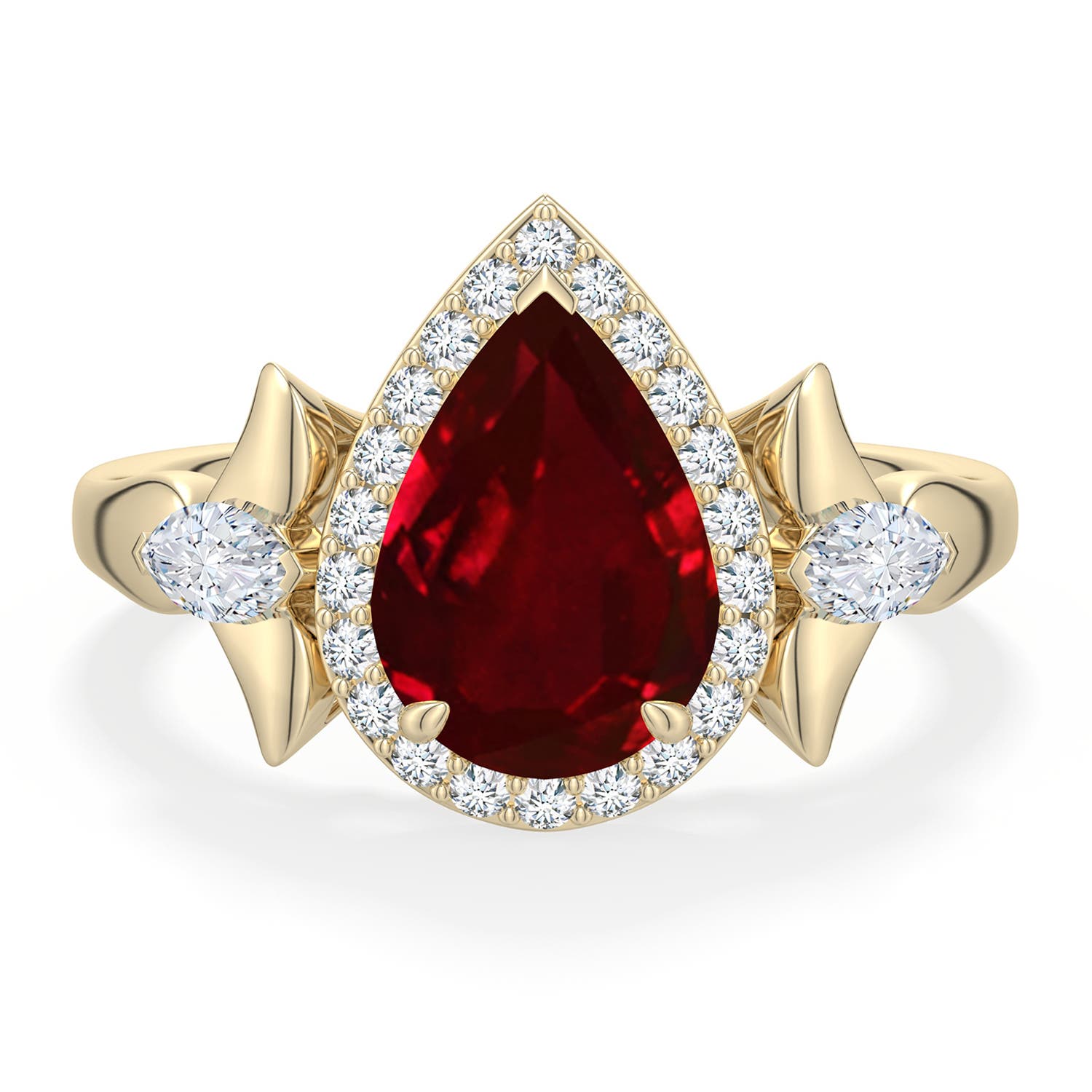 Angara 2.96 CTW Pear Ruby Halo Engagement Ring with Marquise Accents in 14K Yellow Gold