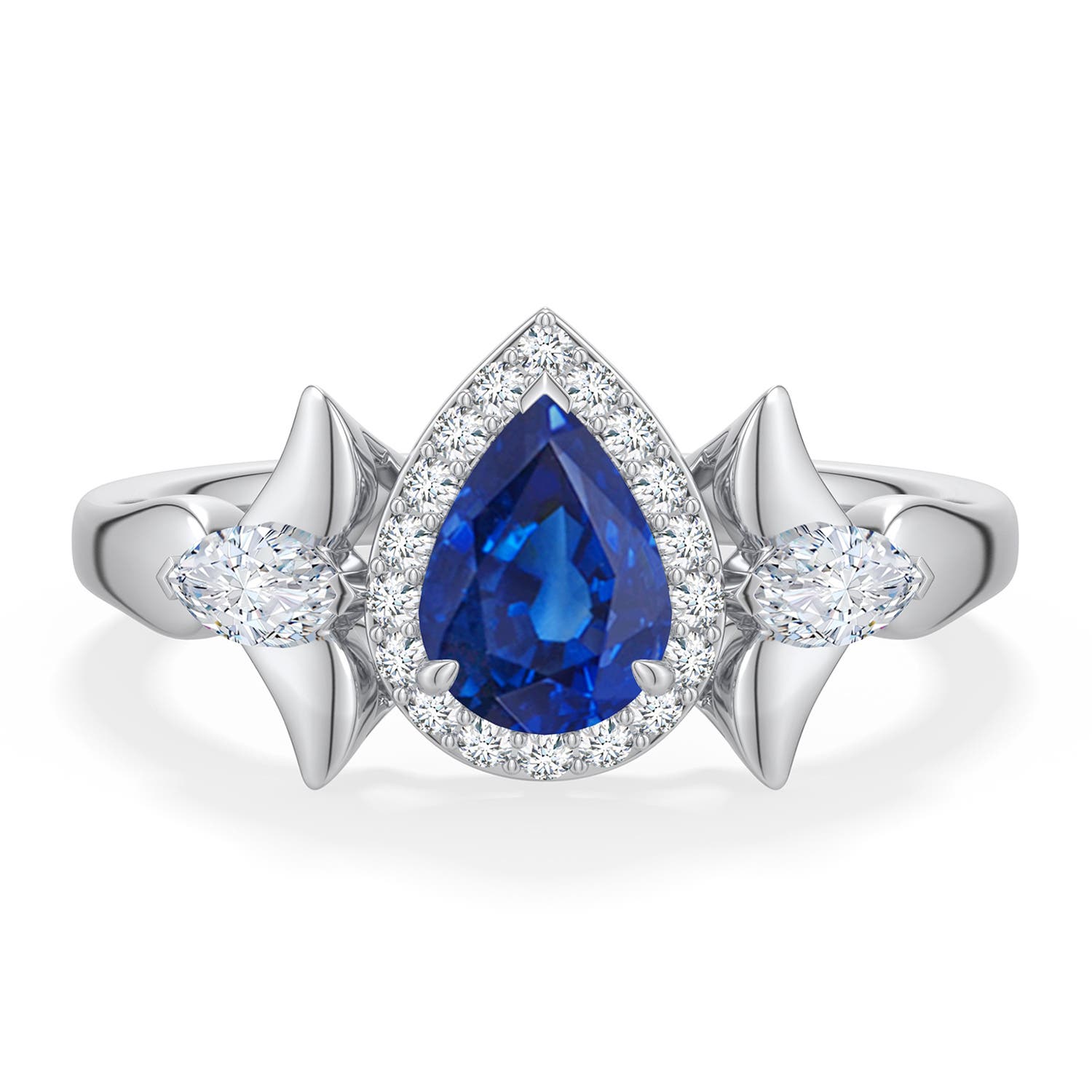 7x5mm AAA Pear Blue Sapphire Halo Engagement Ring with Marquise Accents in White Gold - main