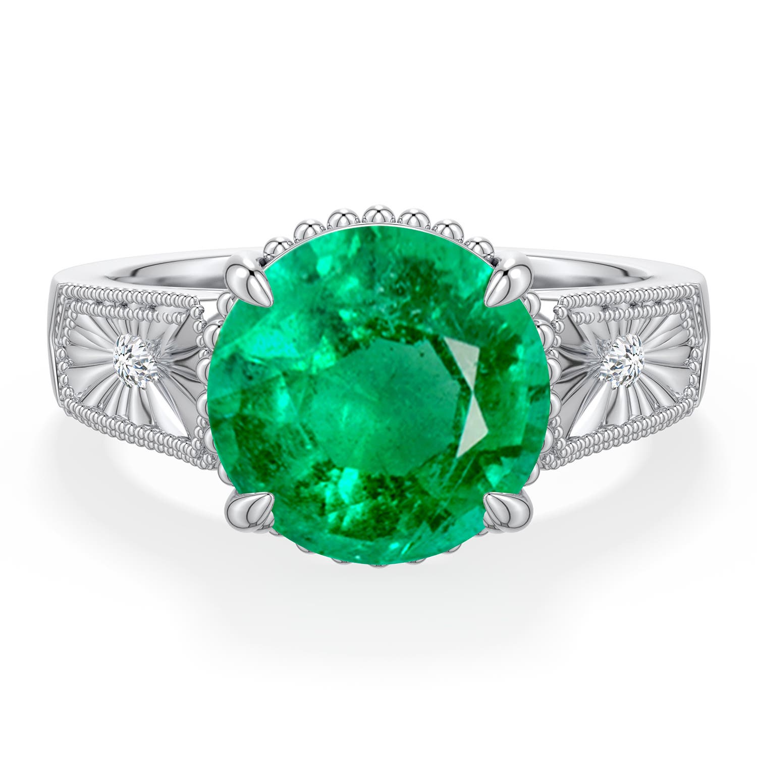10mm AAA Round Emerald Quatrefoil Hidden Halo Engagement Ring in White Gold - main
