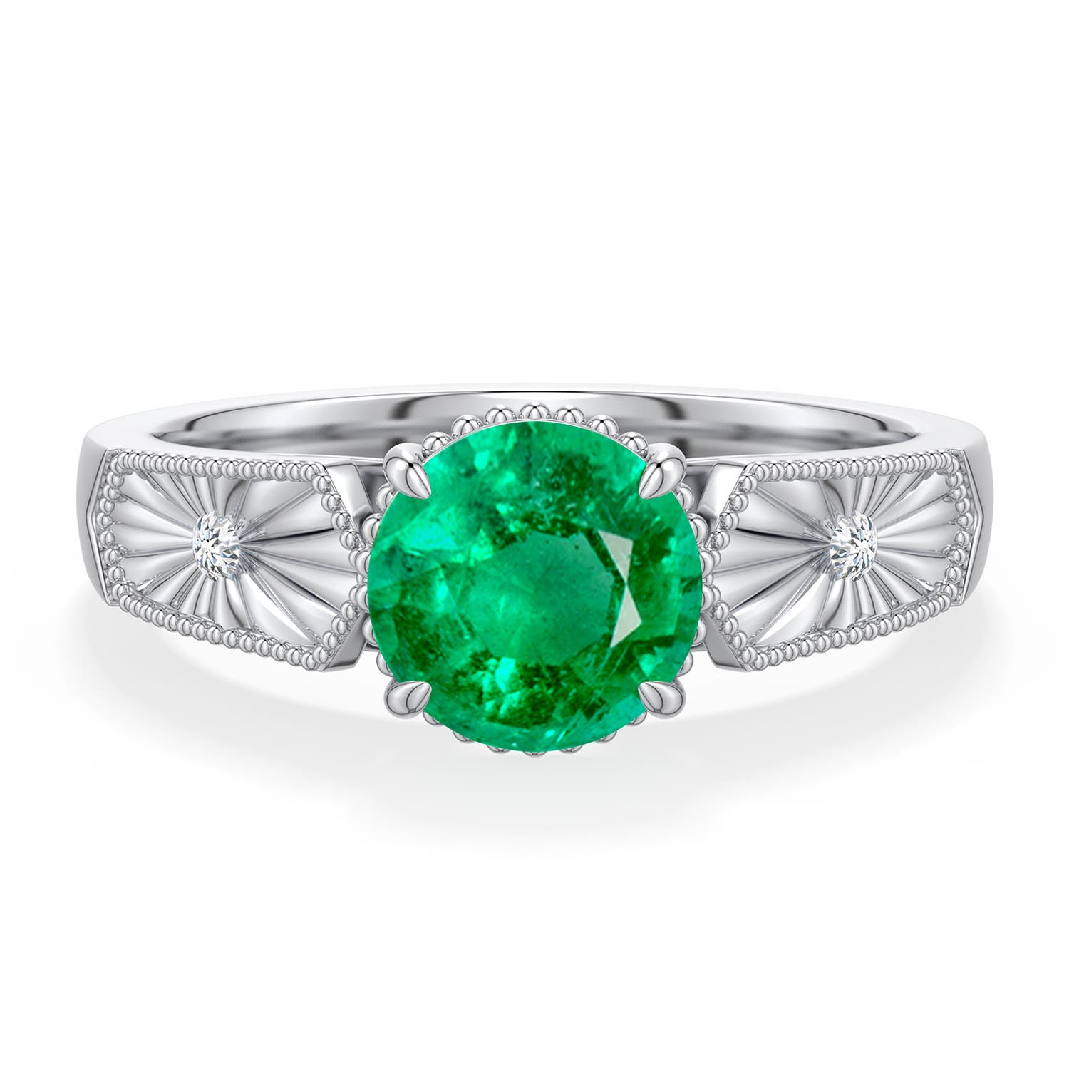 7mm AAA Round Emerald Quatrefoil Hidden Halo Engagement Ring in White Gold - main