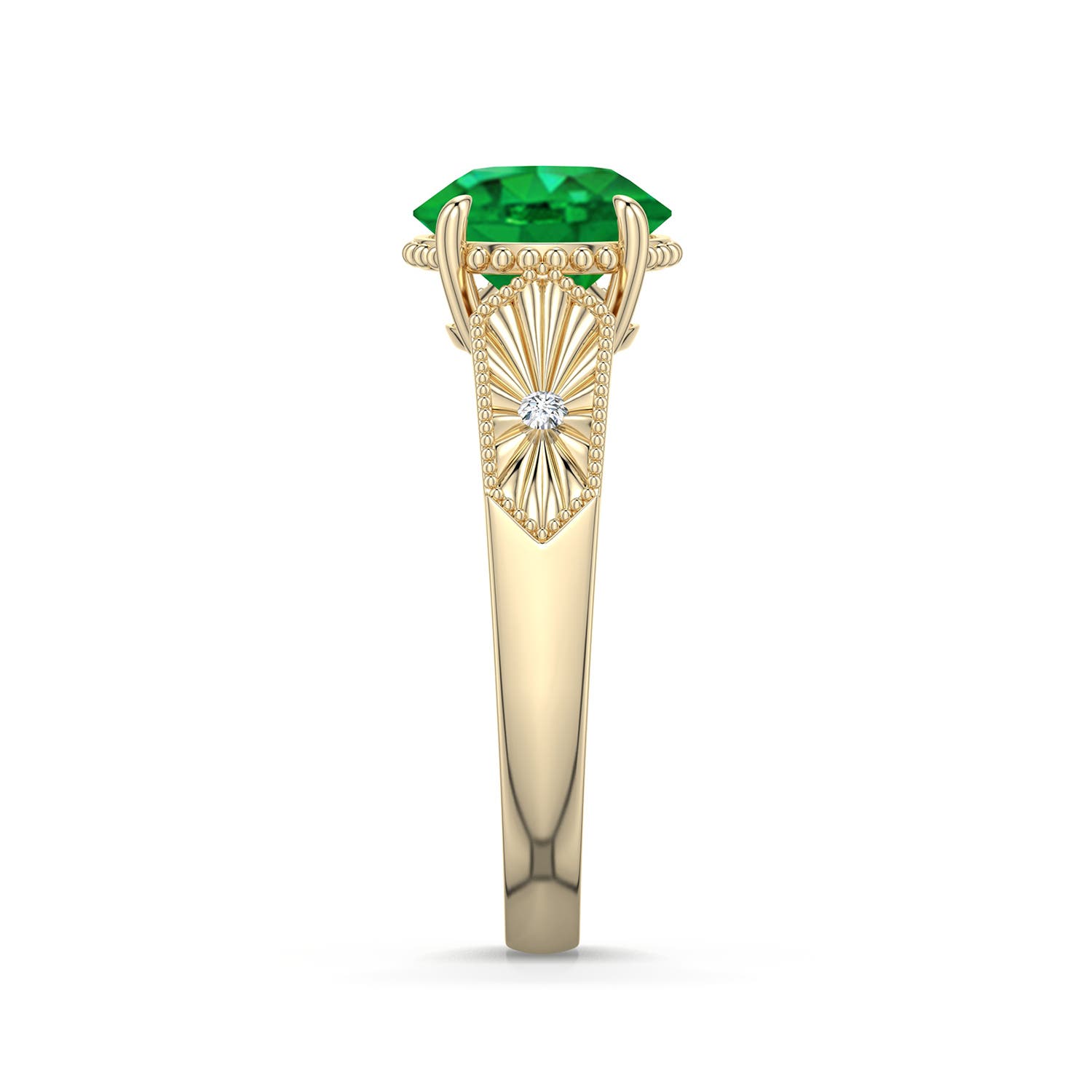 8mm AAA Round Emerald Quatrefoil Hidden Halo Engagement Ring in Yellow Gold - side 2 - side 3
