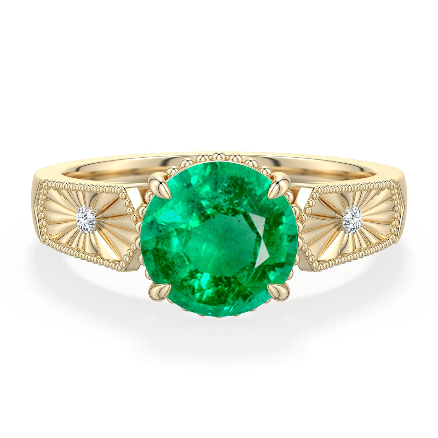 8mm AAA Round Emerald Quatrefoil Hidden Halo Engagement Ring in 18K Yellow Gold - main