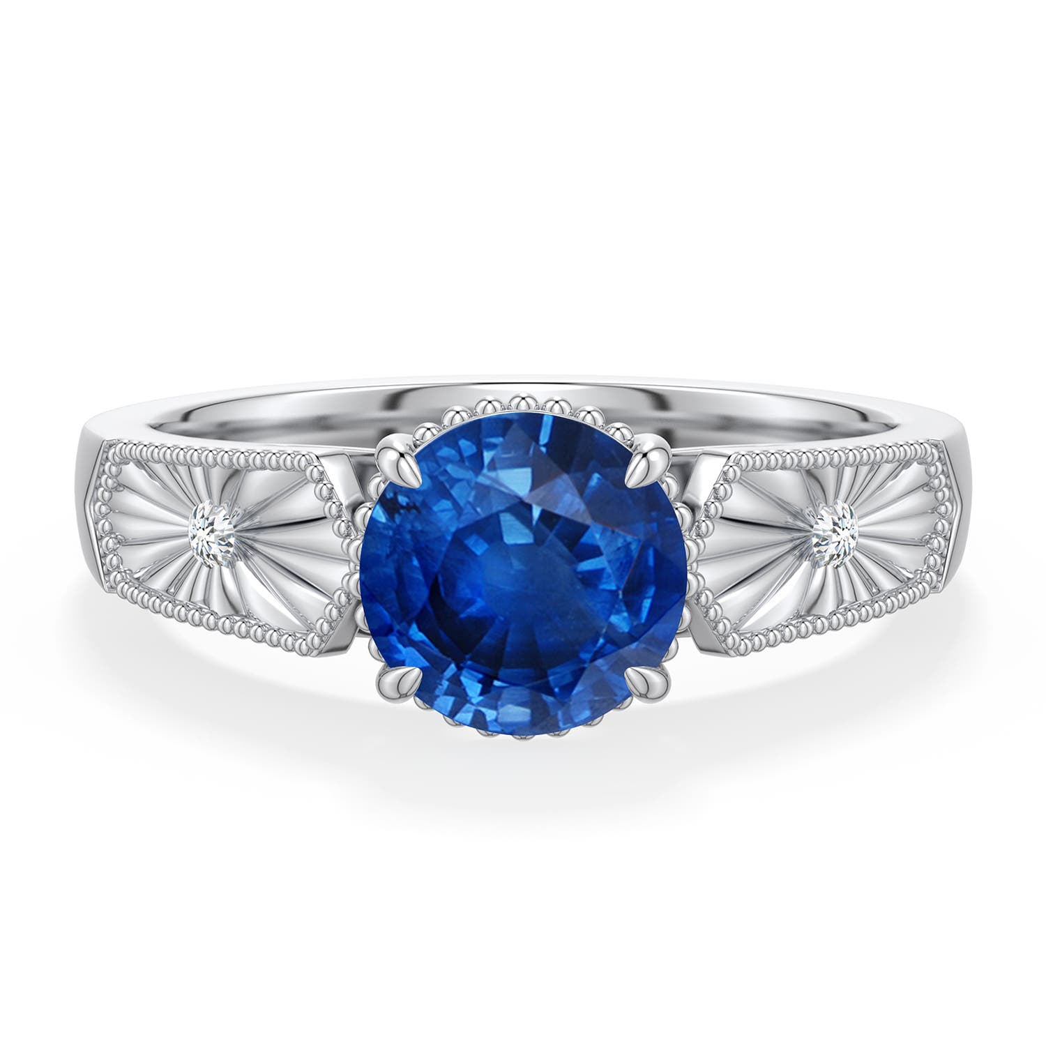 7mm AAA Round Blue Sapphire Quatrefoil Hidden Halo Engagement Ring in White Gold - main