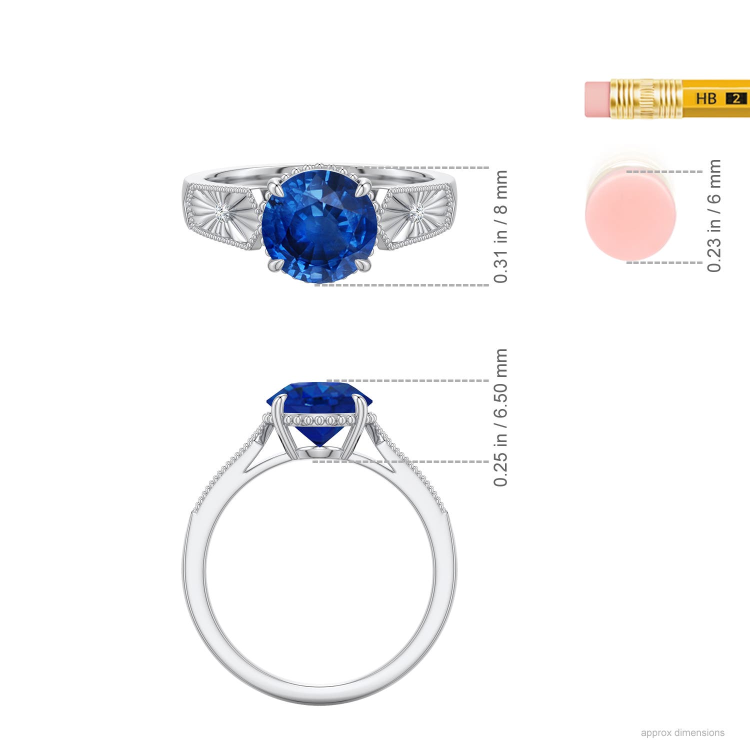 8mm AAA Round Blue Sapphire Quatrefoil Hidden Halo Engagement Ring in White Gold - ruler - ruler