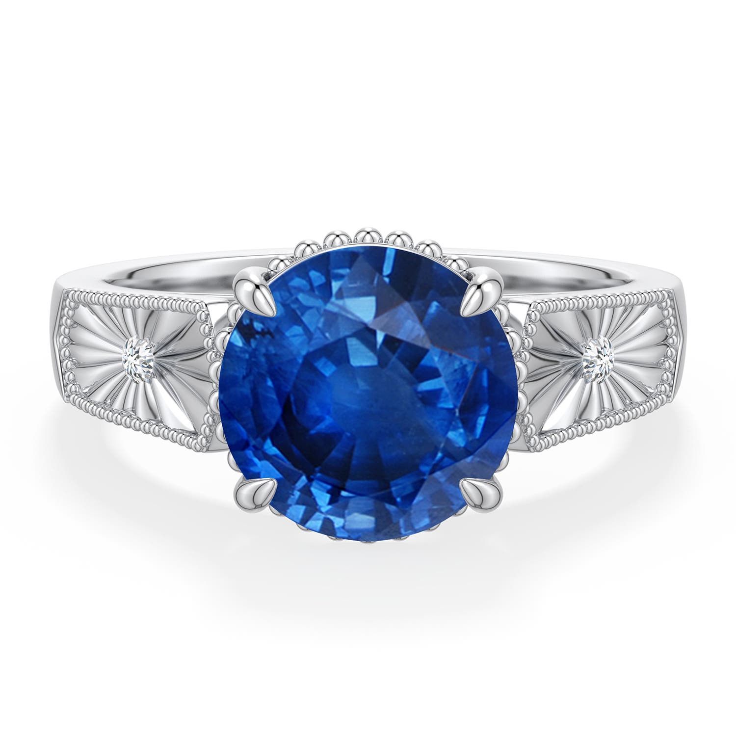 9mm AAA Round Blue Sapphire Quatrefoil Hidden Halo Engagement Ring in White Gold - main
