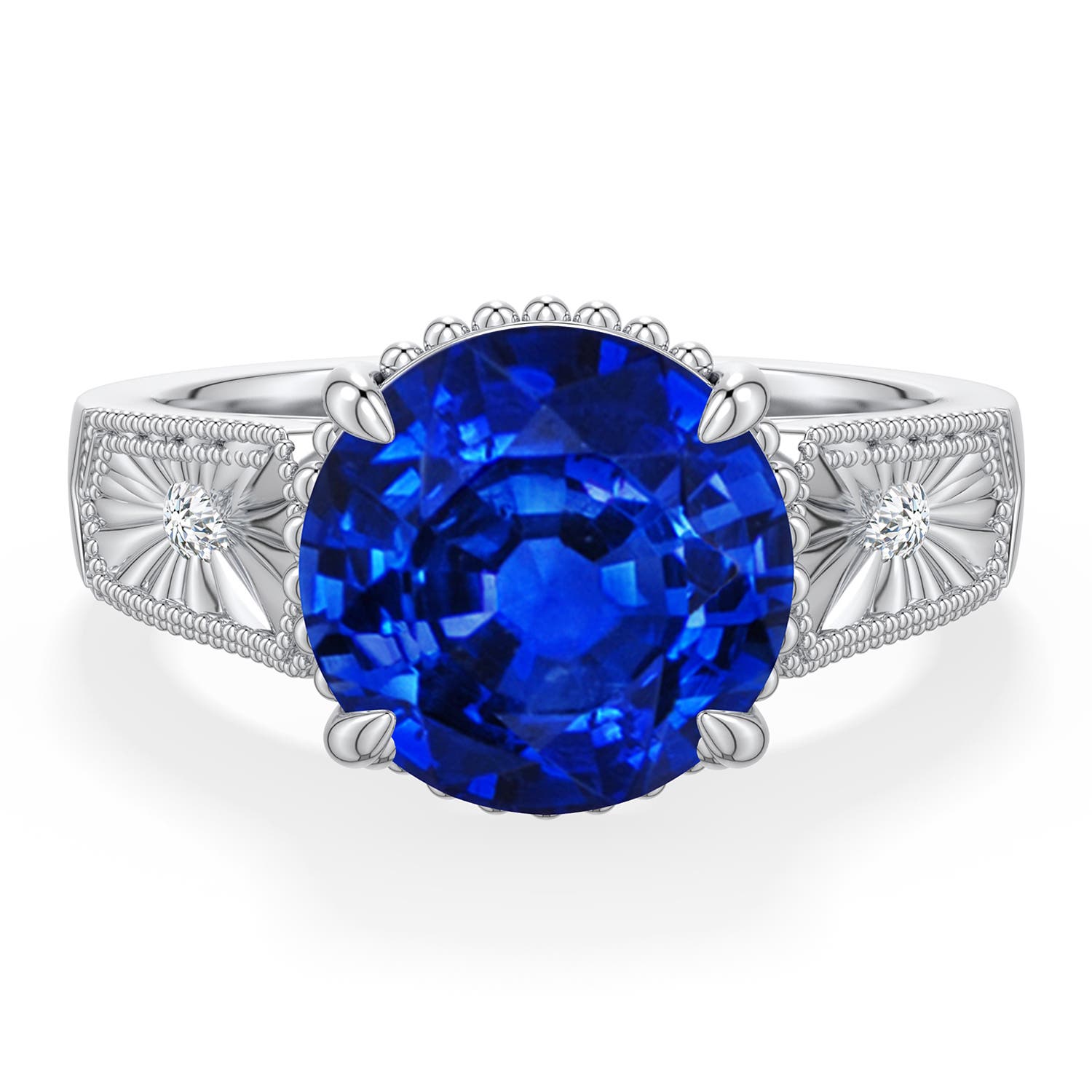 10mm AAAA Round Blue Sapphire Quatrefoil Hidden Halo Engagement Ring in White Gold - main