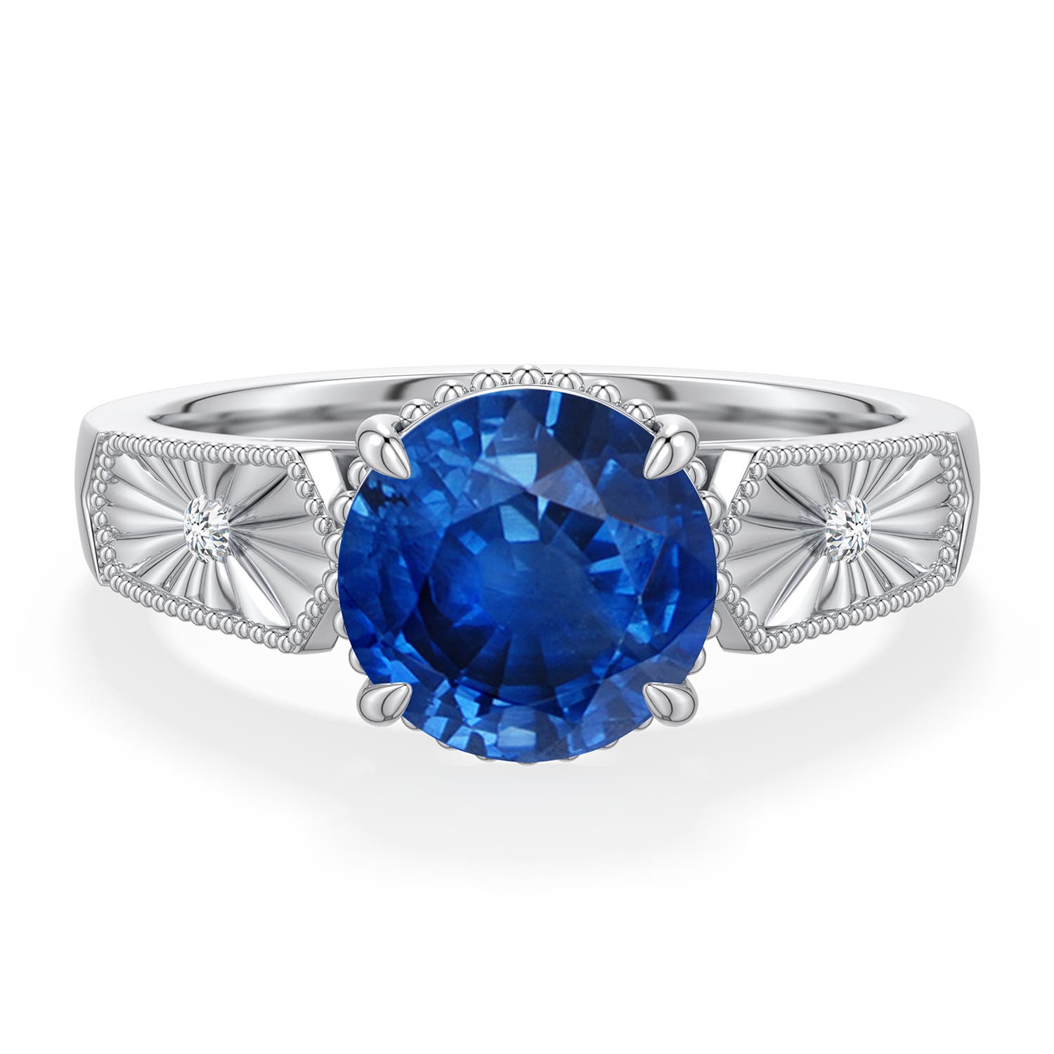 8mm AAA Round Blue Sapphire Quatrefoil Hidden Halo Engagement Ring in 18K White Gold - main