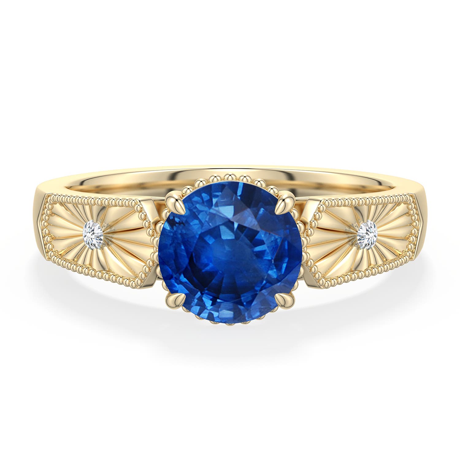 7mm AAA Round Blue Sapphire Quatrefoil Hidden Halo Engagement Ring in Yellow Gold - main