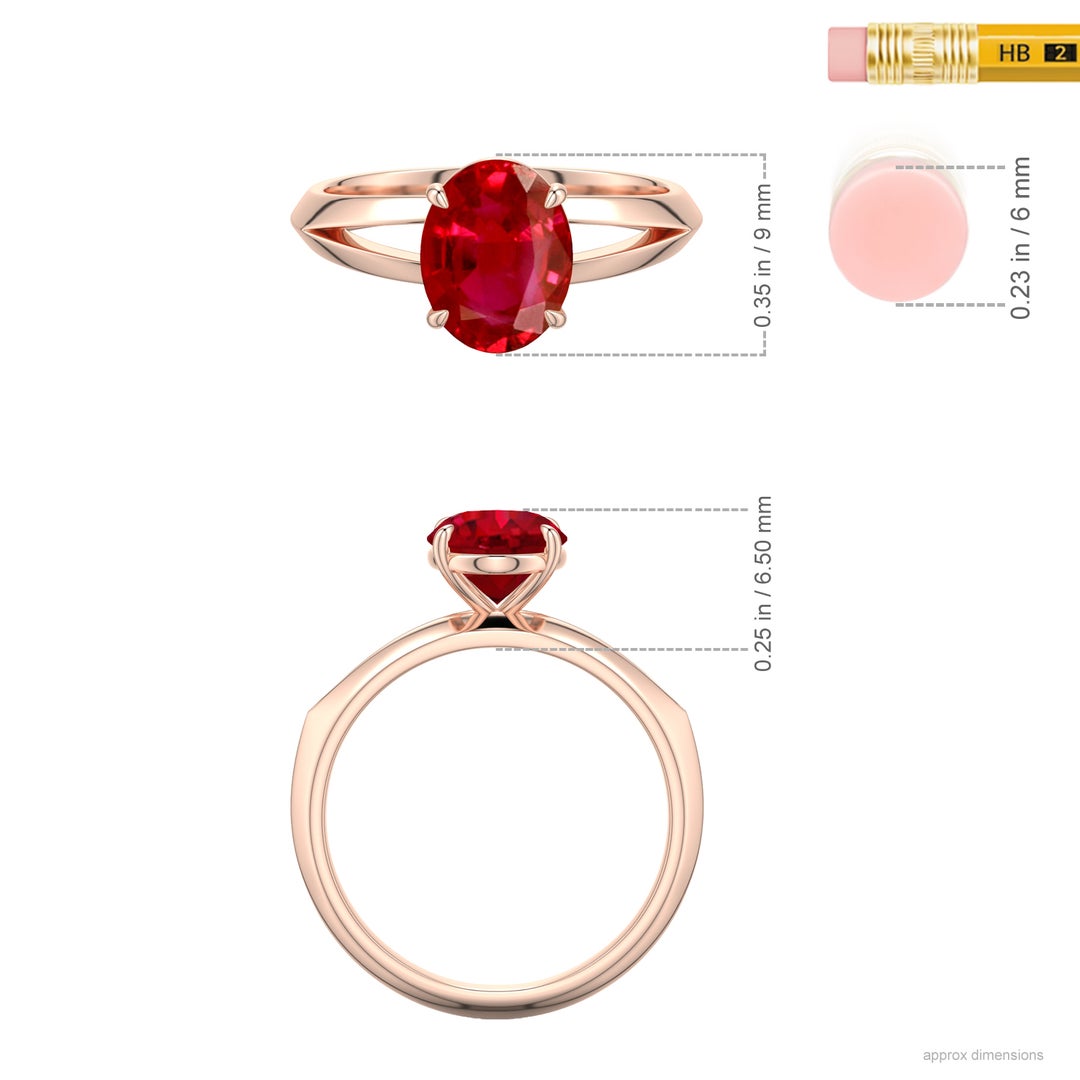 9x7mm AAA Oval Ruby Knife-Edge Split Shank Engagement Ring in Rose Gold - ruler - ruler