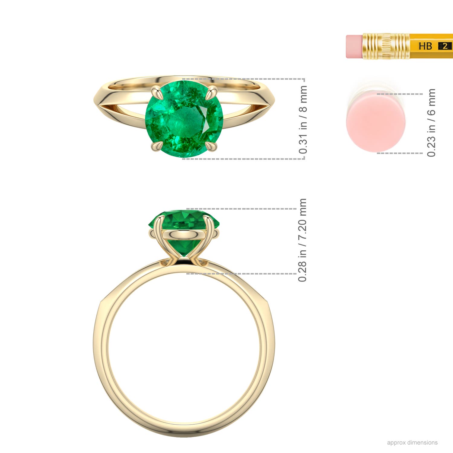 8mm AAA Round Emerald Knife-Edge Split Shank Engagement Ring in Yellow Gold - ruler - ruler