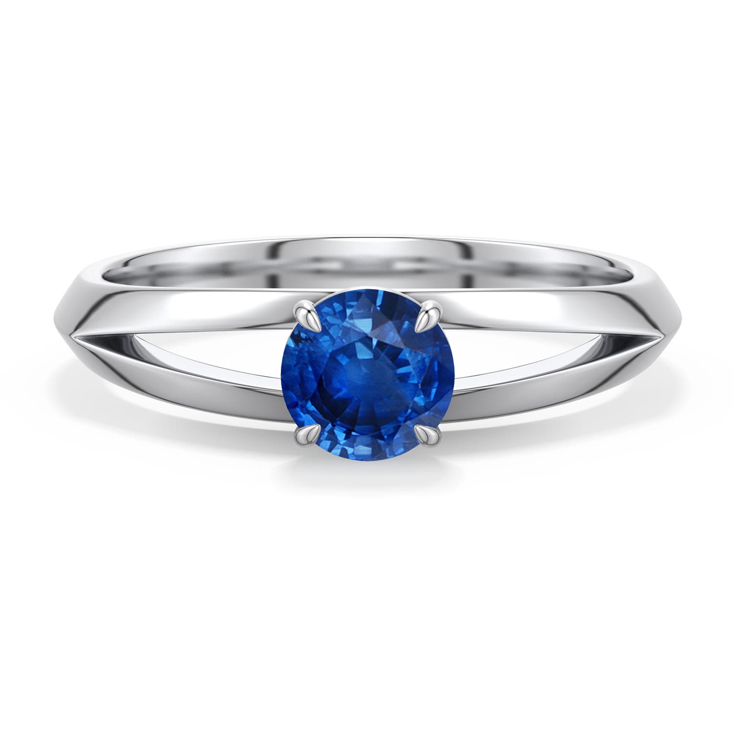 5mm AAA Round Blue Sapphire Knife-Edge Split Shank Engagement Ring in White Gold - main