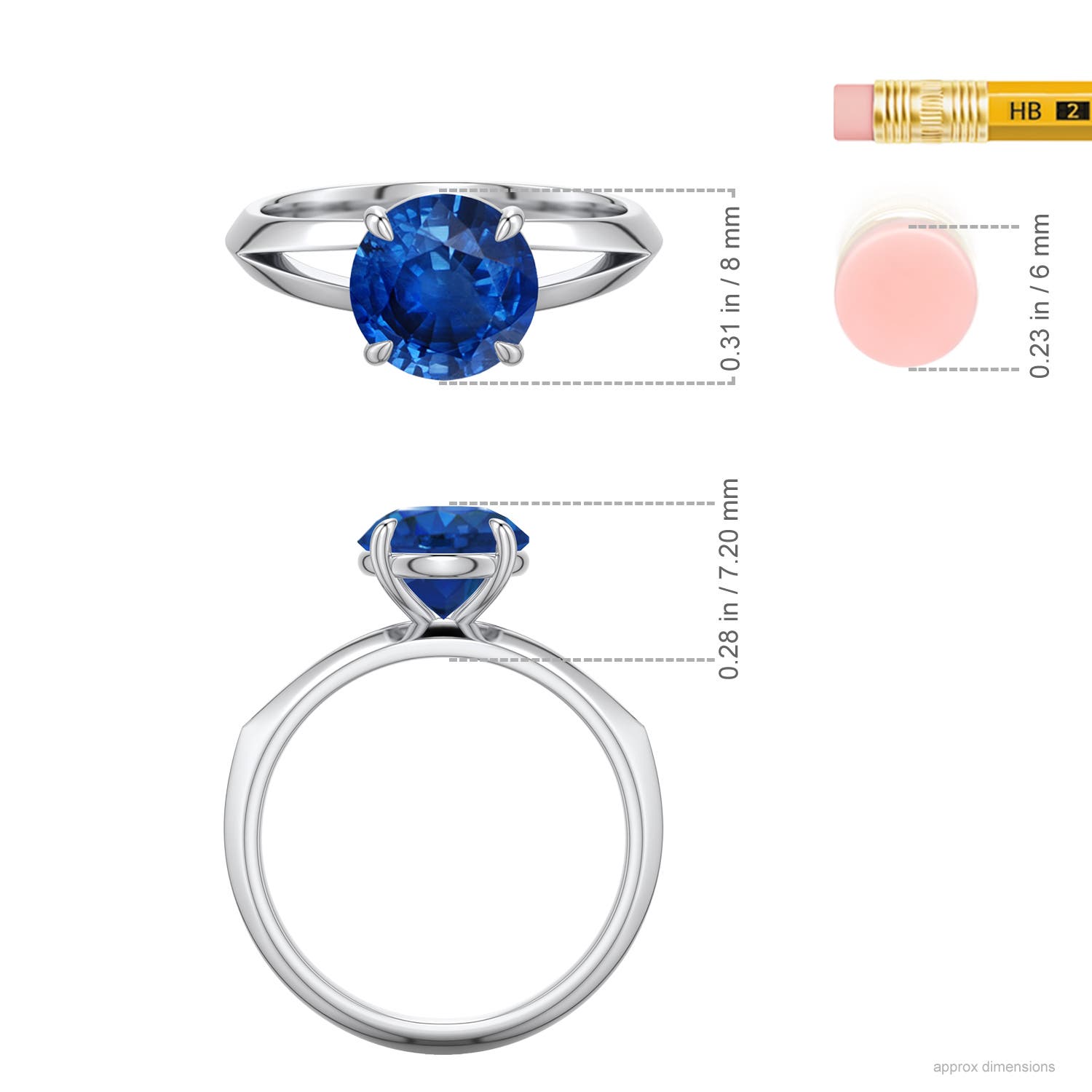 8mm AAA Round Blue Sapphire Knife-Edge Split Shank Engagement Ring in White Gold - ruler - ruler