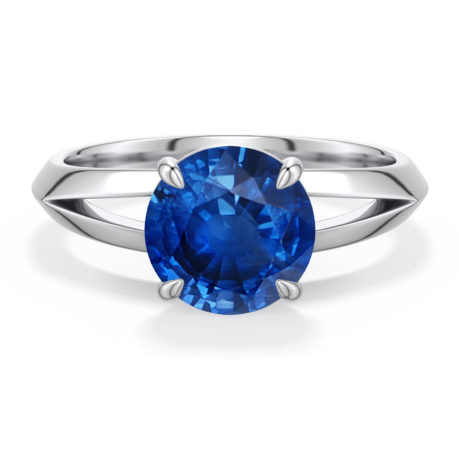 8mm AAA Round Blue Sapphire Knife-Edge Split Shank Engagement Ring in 18K White Gold - main