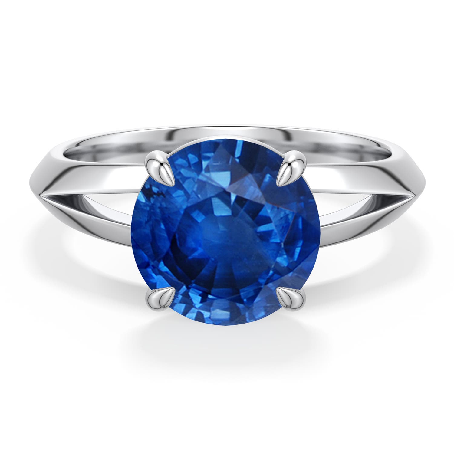9mm AAA Round Blue Sapphire Knife-Edge Split Shank Engagement Ring in 18K White Gold - main