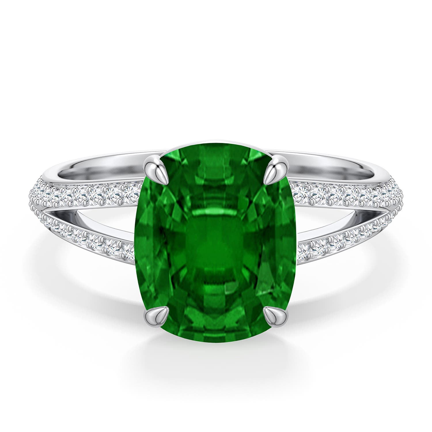 10x8mm AAAA Cushion Rectangular Emerald Engagement Ring with Pavé Accents in 950 Platinum - main