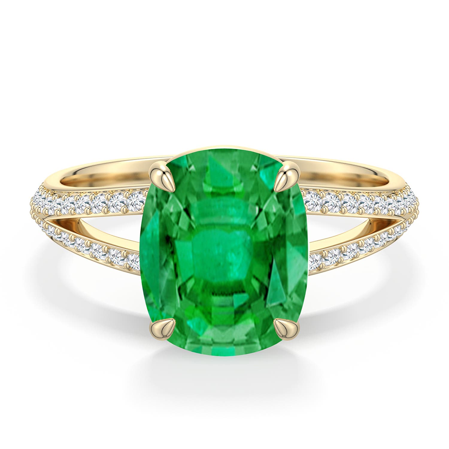 10x8mm AAA Cushion Rectangular Emerald Engagement Ring with Pavé Accents in Yellow Gold - main