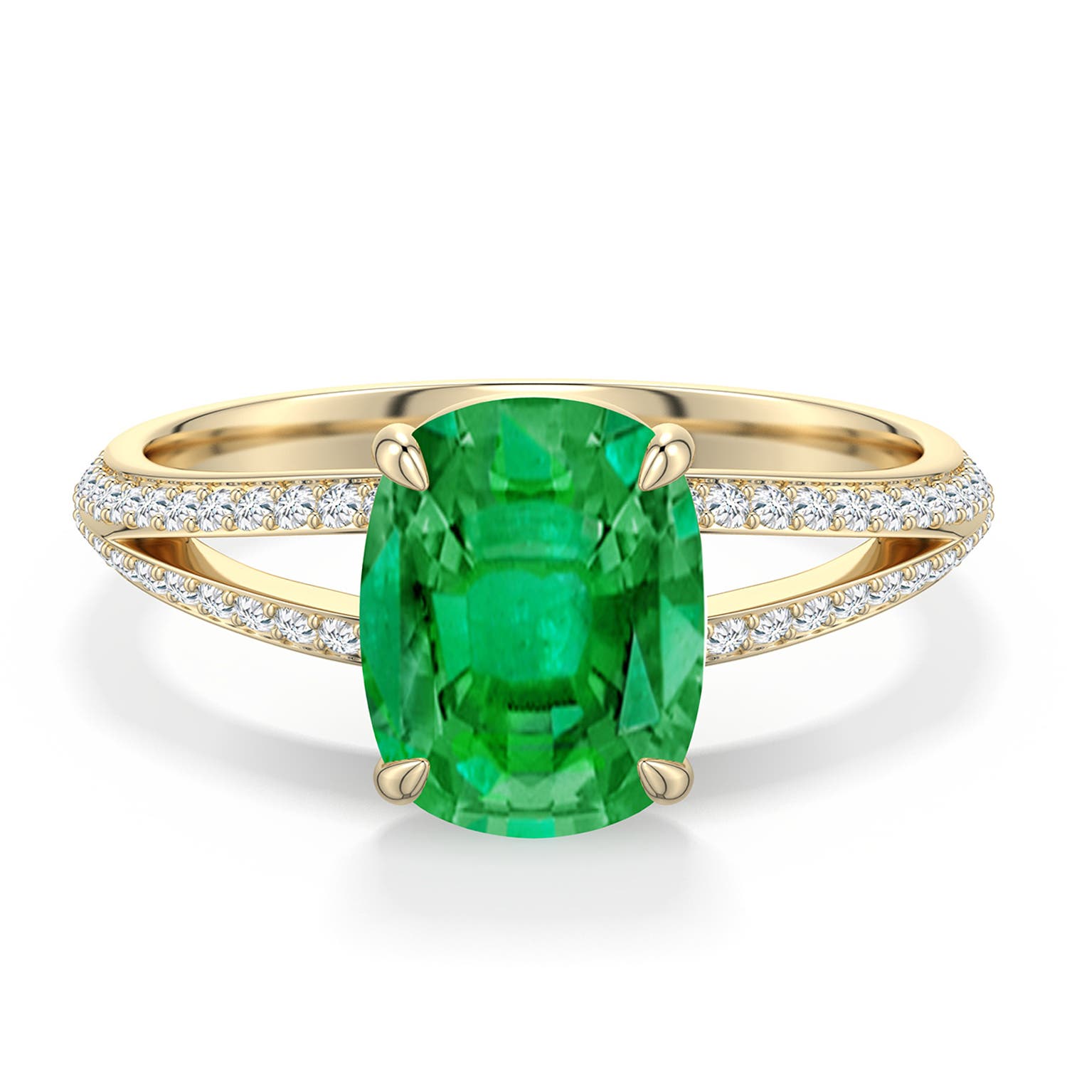 9x7mm AAA Cushion Rectangular Emerald Engagement Ring with Pavé Accents in Yellow Gold - main