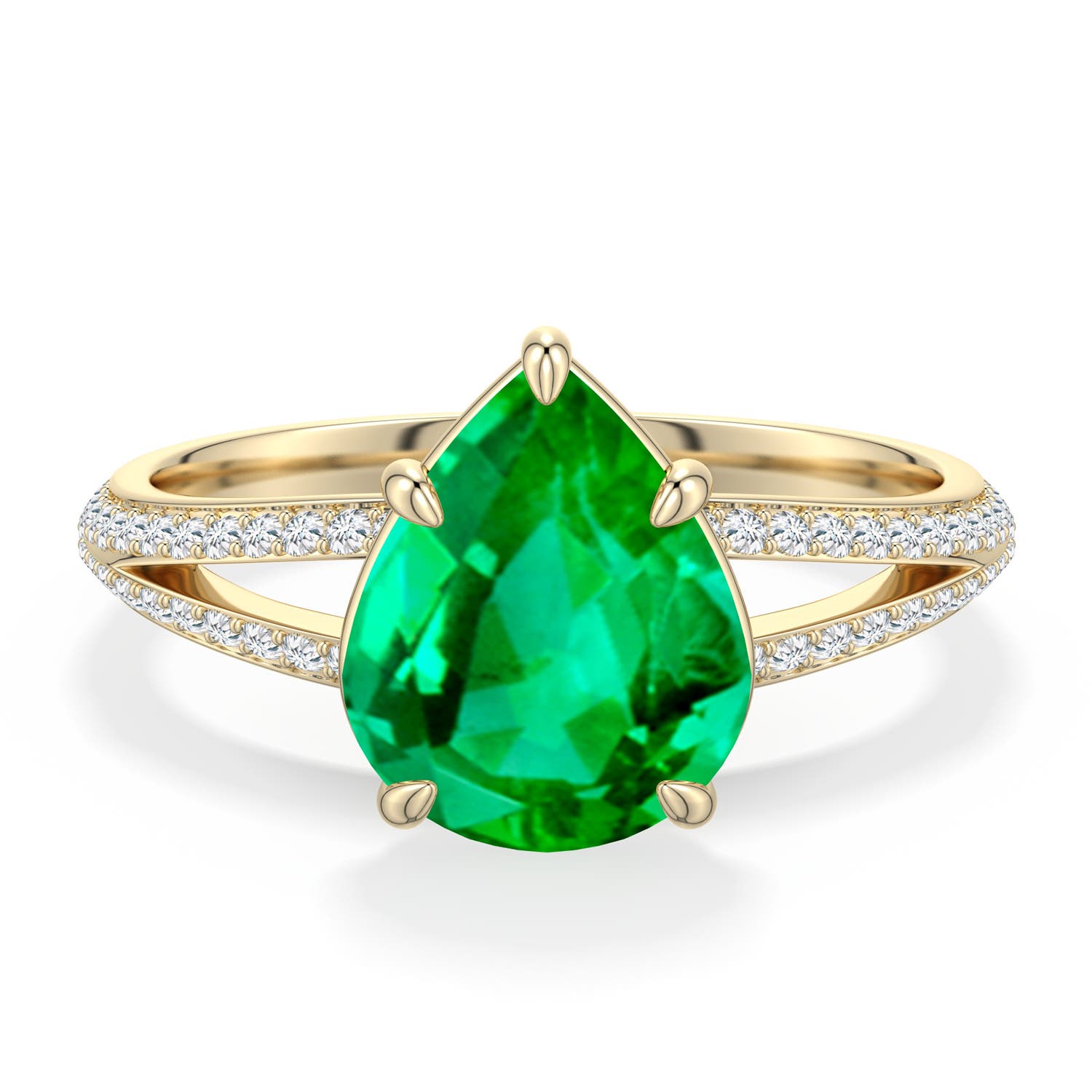 10x8mm AAA Pear-Shaped Emerald Engagement Ring with Pavé Accents in Yellow Gold - main