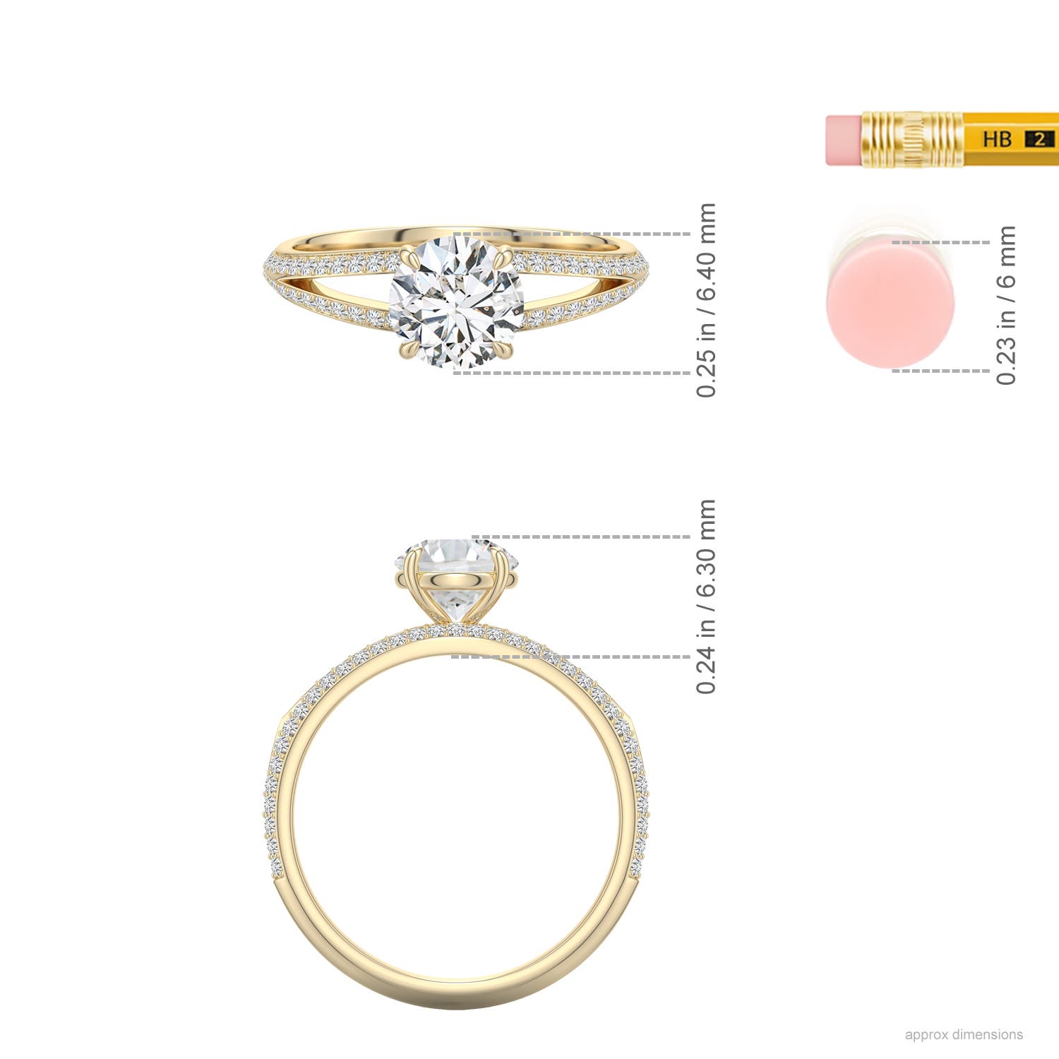 6.4mm HSI2 Round Diamond Engagement Ring with Pav� Accents in Yellow Gold - ruler - ruler