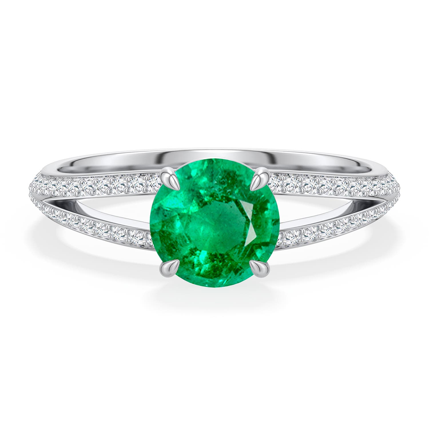 6.5mm AAA Round Emerald Engagement Ring with Pav� Accents in White Gold - main