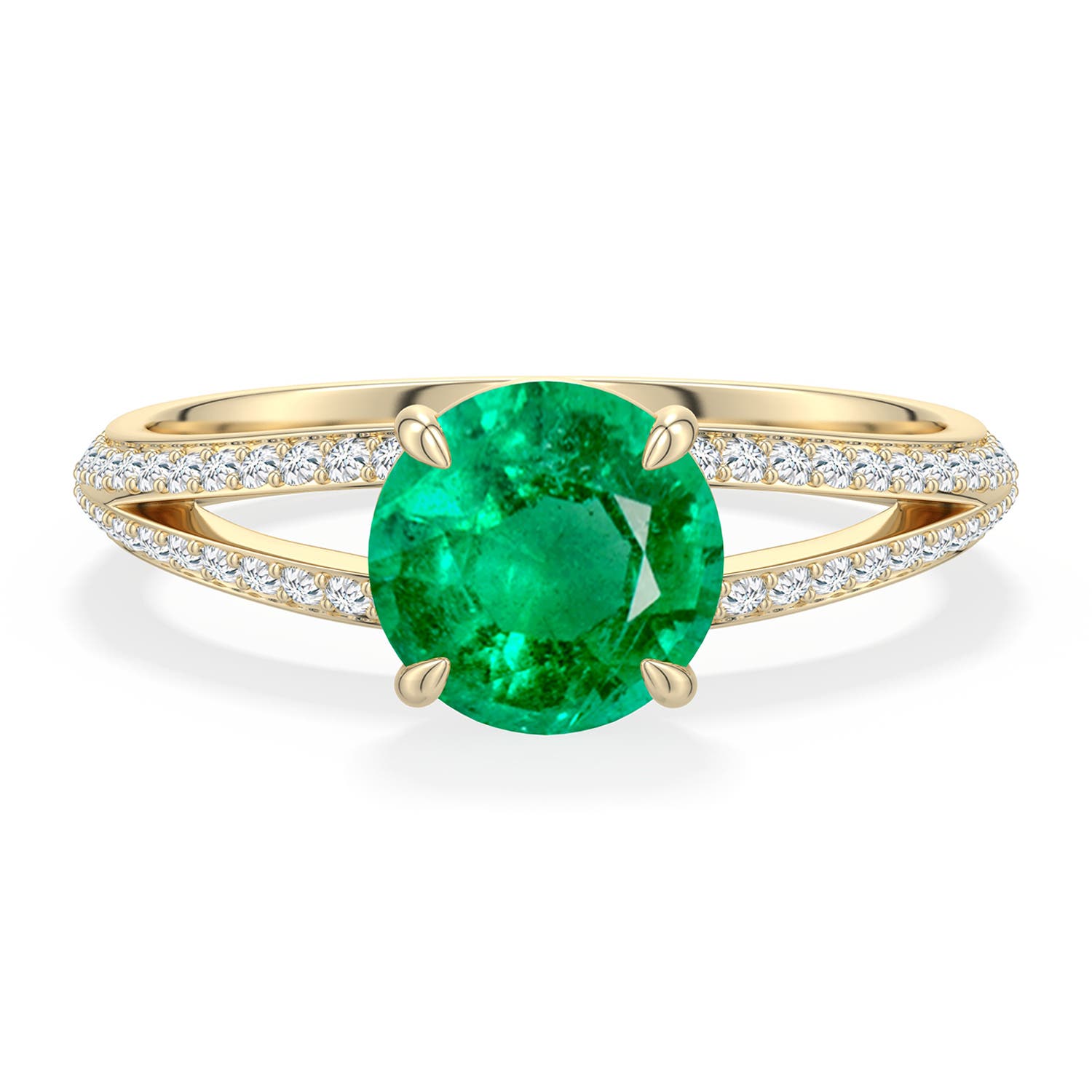 7mm AAA Round Emerald Engagement Ring with Pav� Accents in Yellow Gold - main