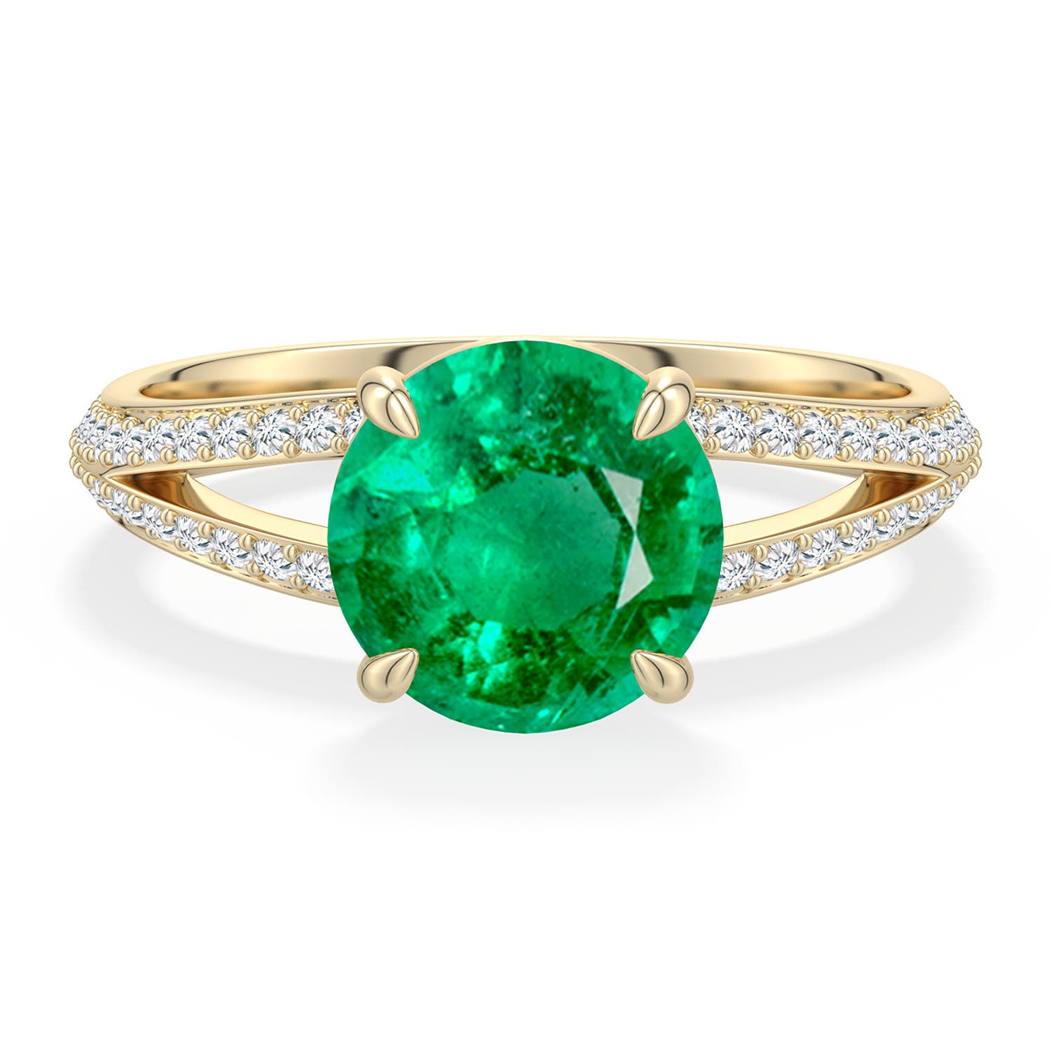 8mm AAA Round Emerald Engagement Ring with Pav� Accents in Yellow Gold - main