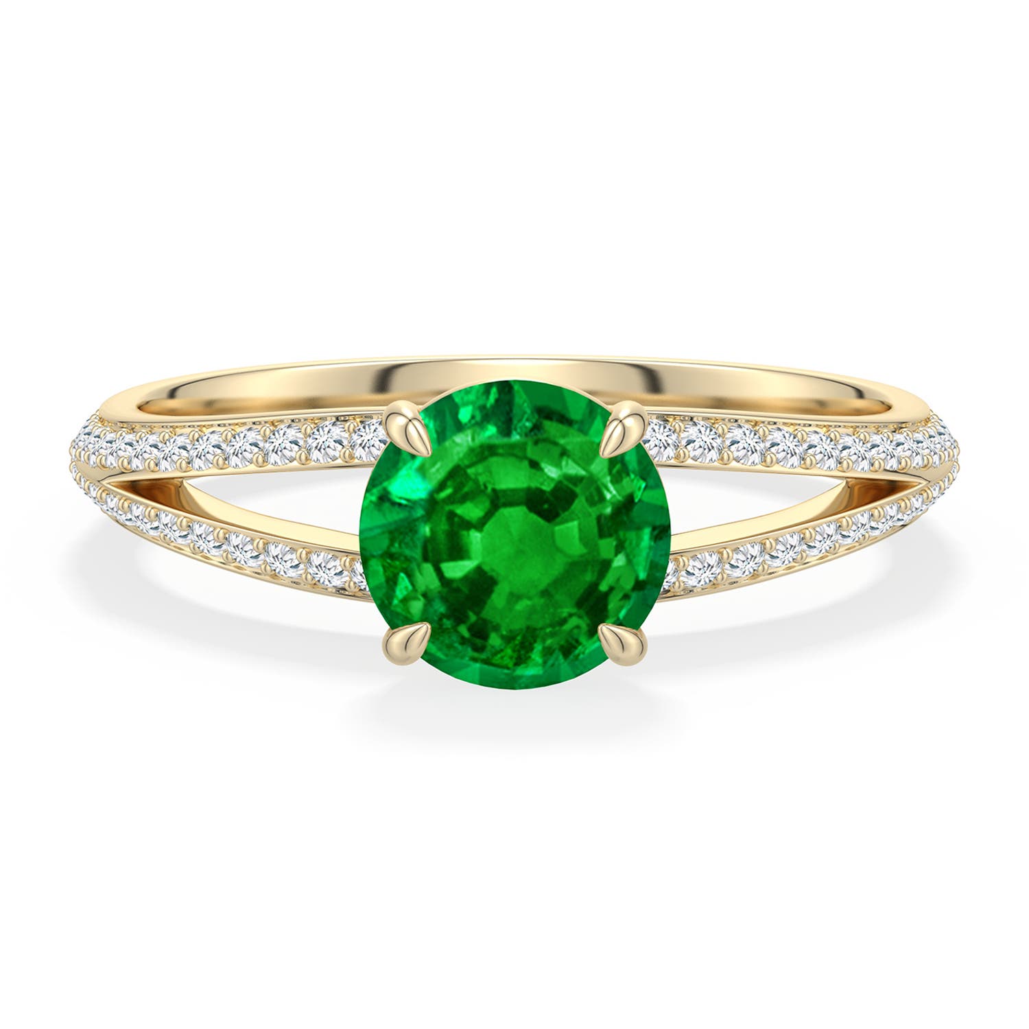 6.5mm AAAA Round Emerald Engagement Ring with Pav� Accents in Yellow Gold - main