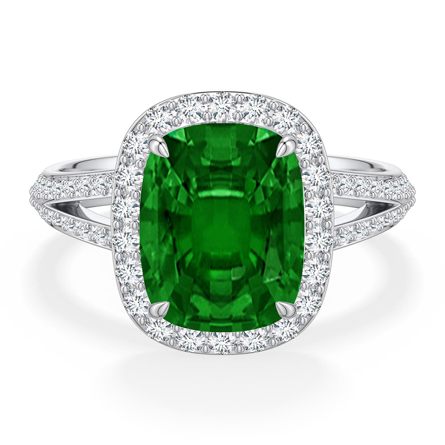 10x8mm AAAA Cushion Rectangular Emerald Halo Engagement Ring with Accents in 950 Platinum - main