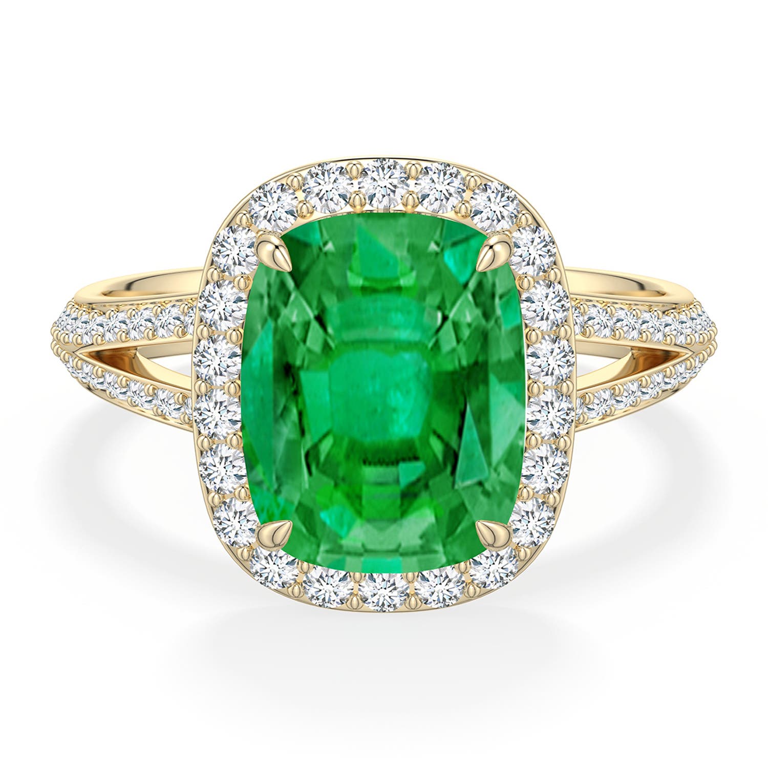 10x8mm AAA Cushion Rectangular Emerald Halo Engagement Ring with Accents in Yellow Gold - main