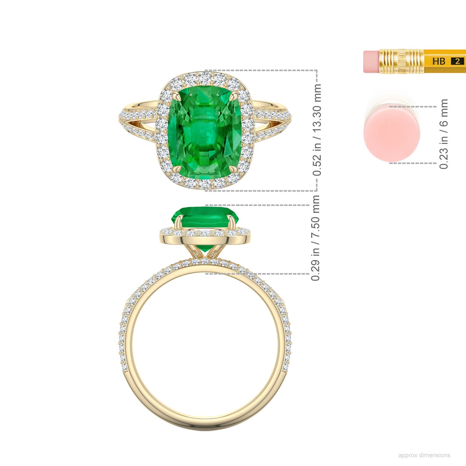 10x8mm AAA Cushion Rectangular Emerald Halo Engagement Ring with Accents in Yellow Gold - ruler - ruler