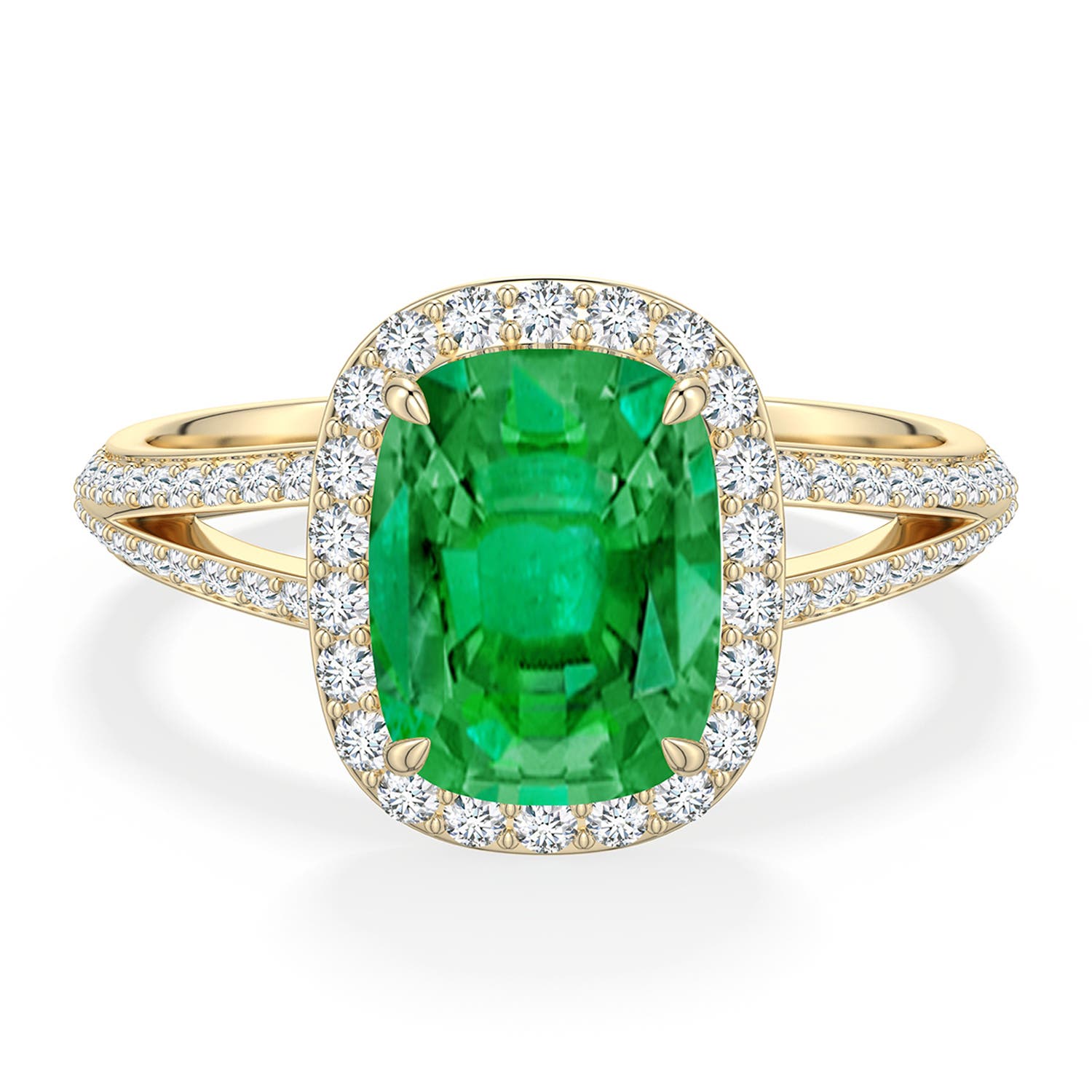 9x7mm AAA Cushion Rectangular Emerald Halo Engagement Ring with Accents in Yellow Gold - main