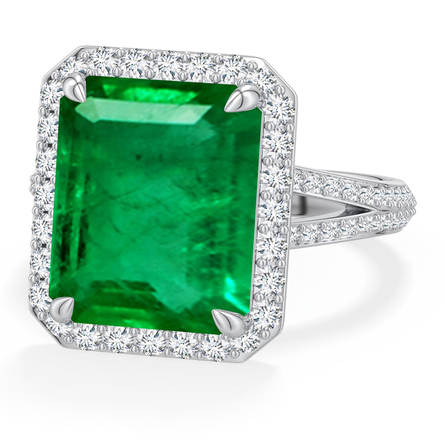 Angara 6.59 CTW Emerald-Cut Emerald Halo Engagement Ring with Accents in 14K White Gold