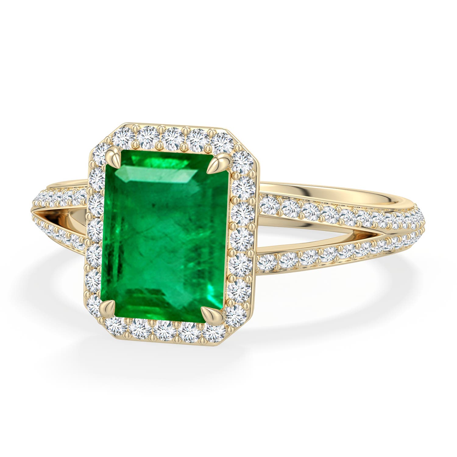 8x6mm AAA Emerald-Cut Emerald Halo Engagement Ring with Accents in Yellow Gold - main
