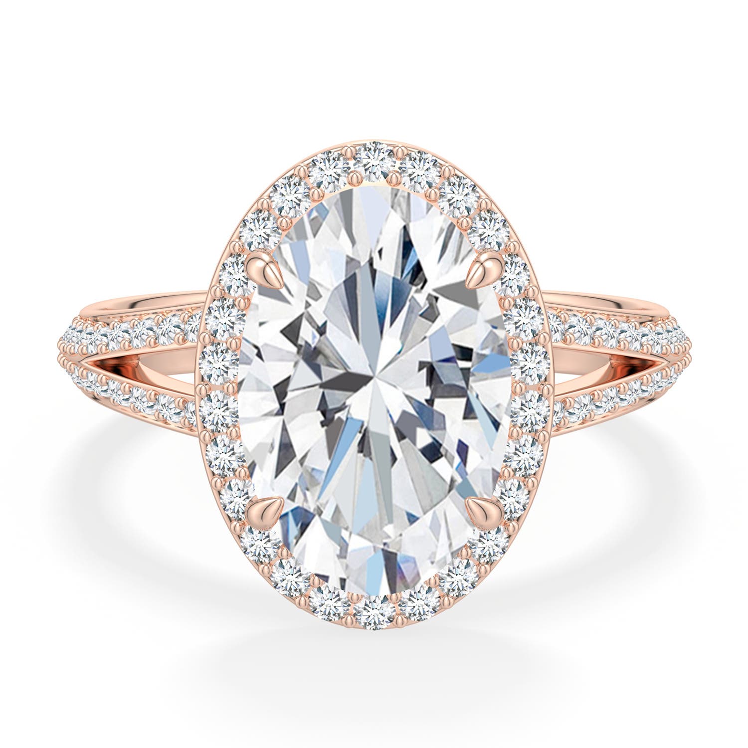 12x8mm GVS2 Oval Diamond Halo Engagement Ring with Accents in Rose Gold - side 1