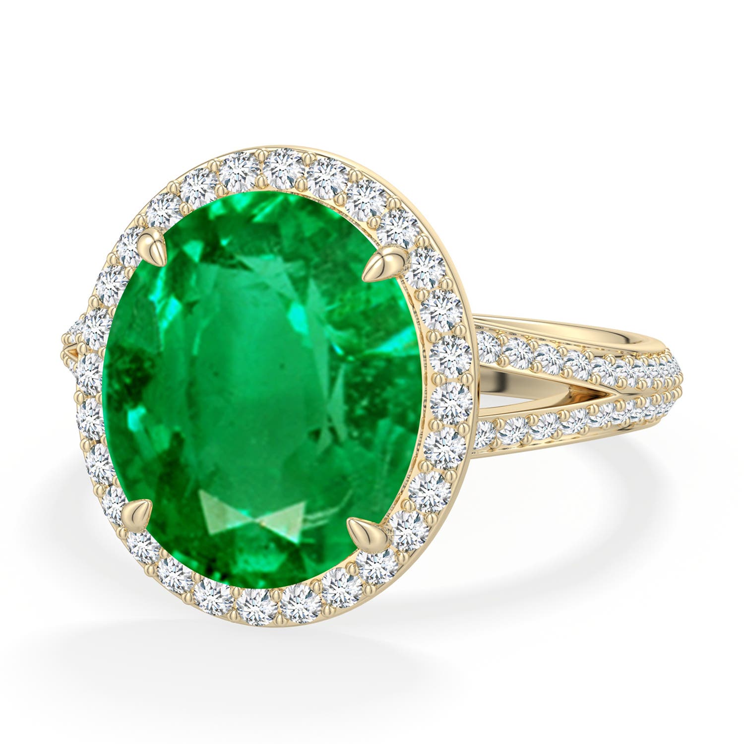 12x10mm AAA Oval Emerald Halo Engagement Ring with Accents in Yellow Gold - main