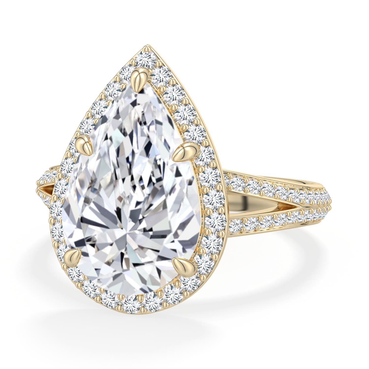 Angara 4.73 CTW Pear Diamond Halo Engagement Ring with Accents in 14K Yellow Gold