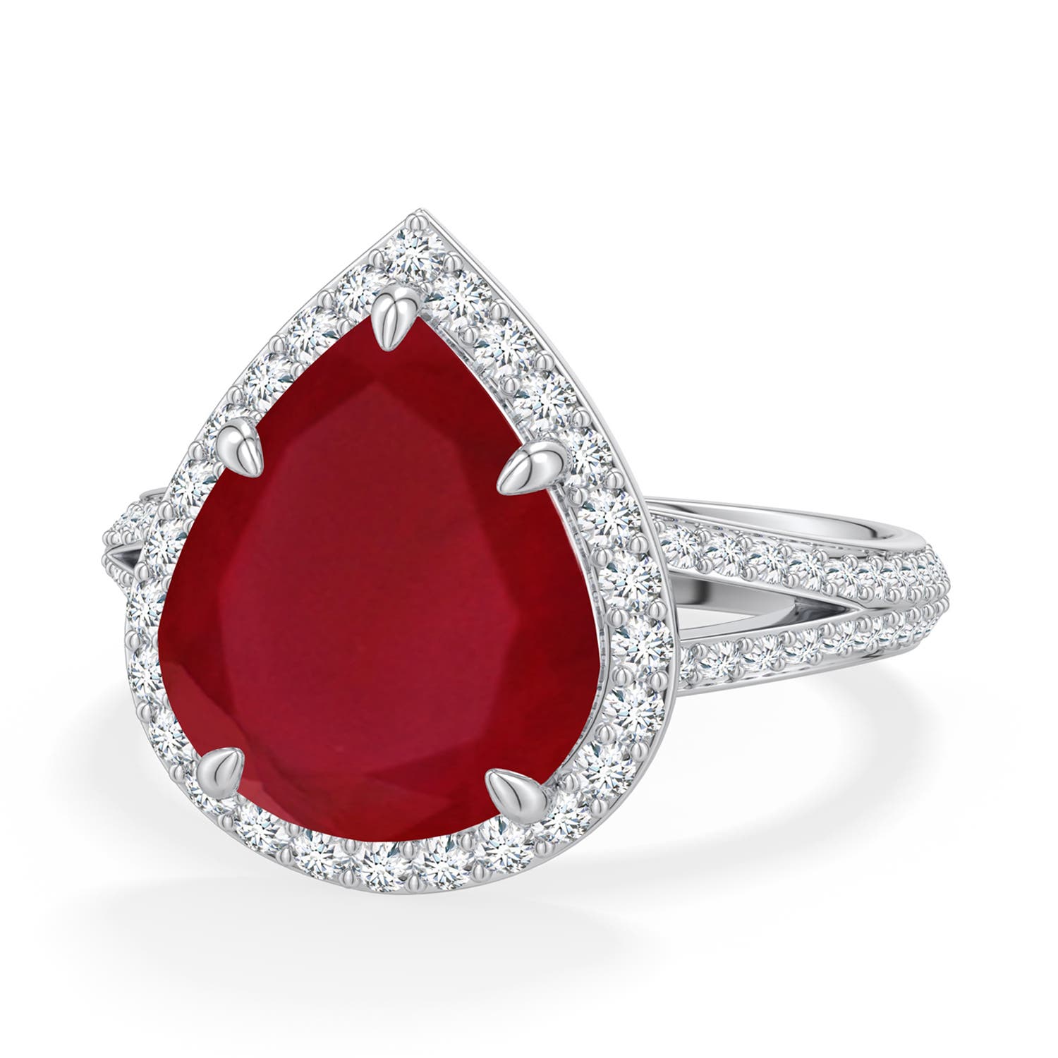 Angara 5.71 CTW Pear Ruby Halo Engagement Ring with Accents in 14K White Gold