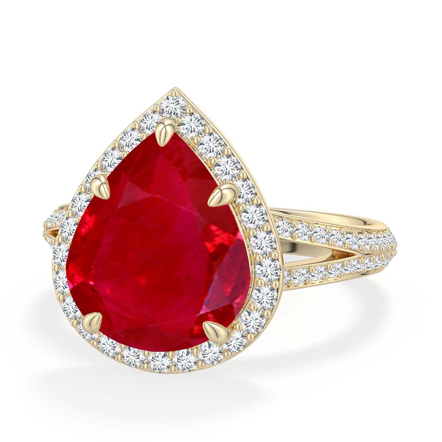 Angara 5.71 CTW Pear Ruby Halo Engagement Ring with Accents in 14K Yellow Gold
