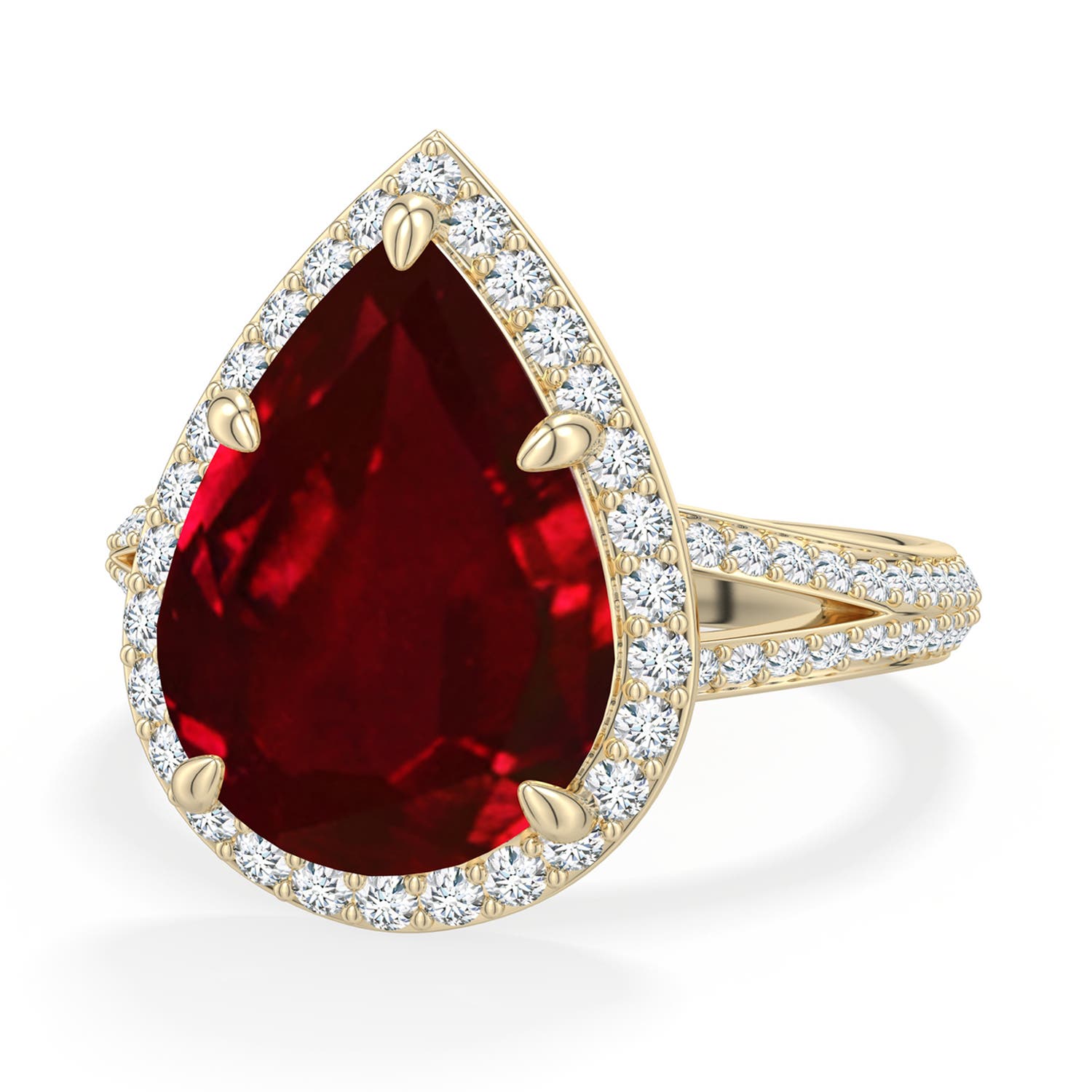Angara 7.27 CTW Pear Ruby Halo Engagement Ring with Accents in 18K Yellow Gold