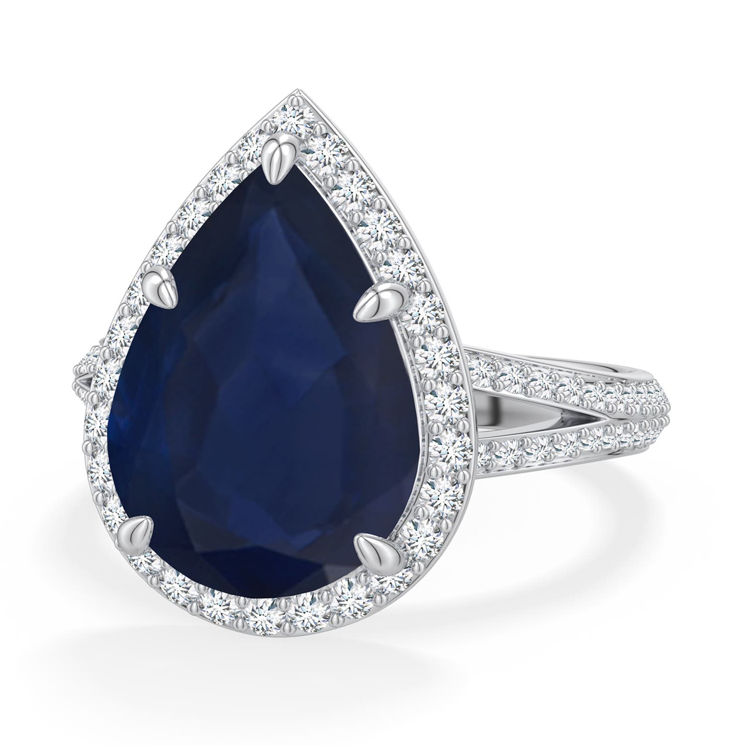 Angara 7.23 CTW Pear Blue Sapphire Halo Engagement Ring with Accents in Platinum