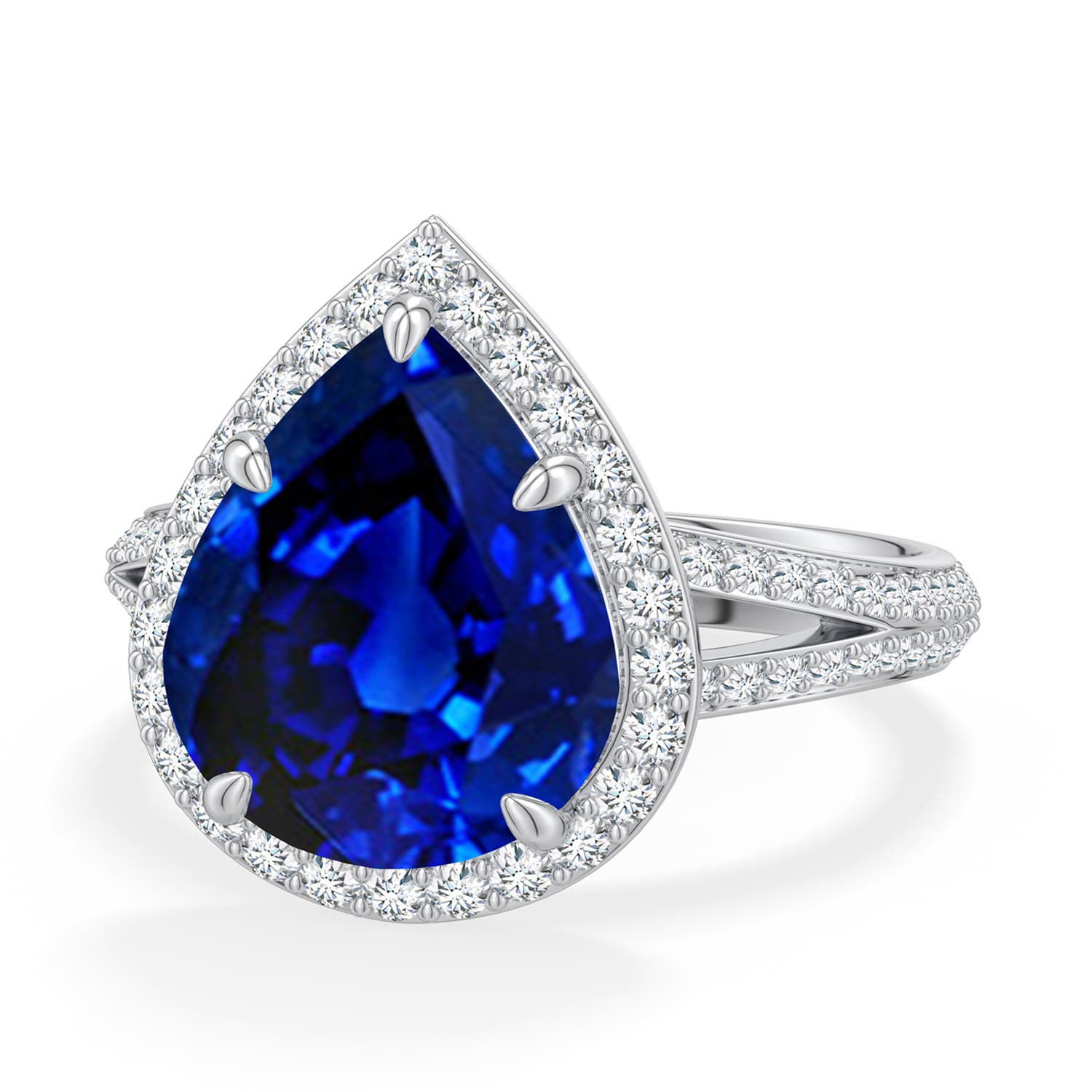 Angara 5.71 CTW Pear Blue Sapphire Halo Engagement Ring with Accents in 14K White Gold