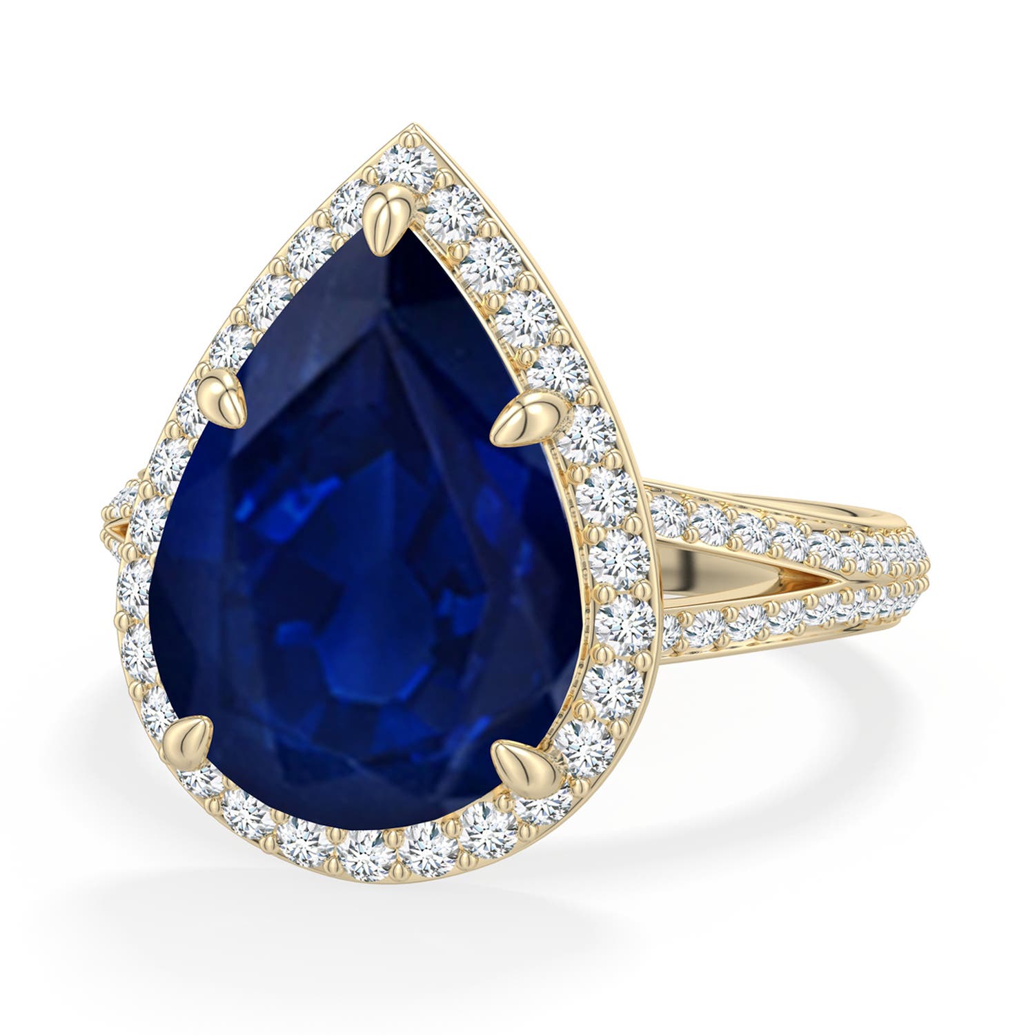 Angara 7.23 CTW Pear Blue Sapphire Halo Engagement Ring with Accents in 18K Yellow Gold