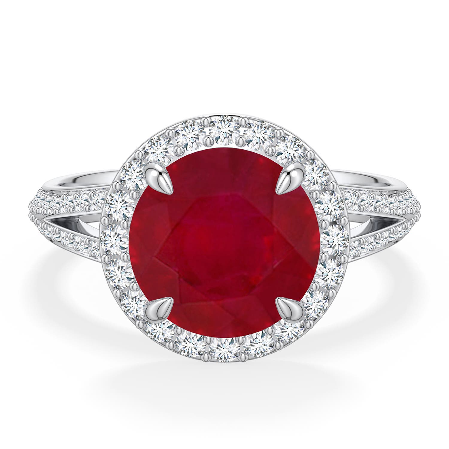 9mm AA Round Ruby Halo Engagement Ring with Accents in White Gold - main