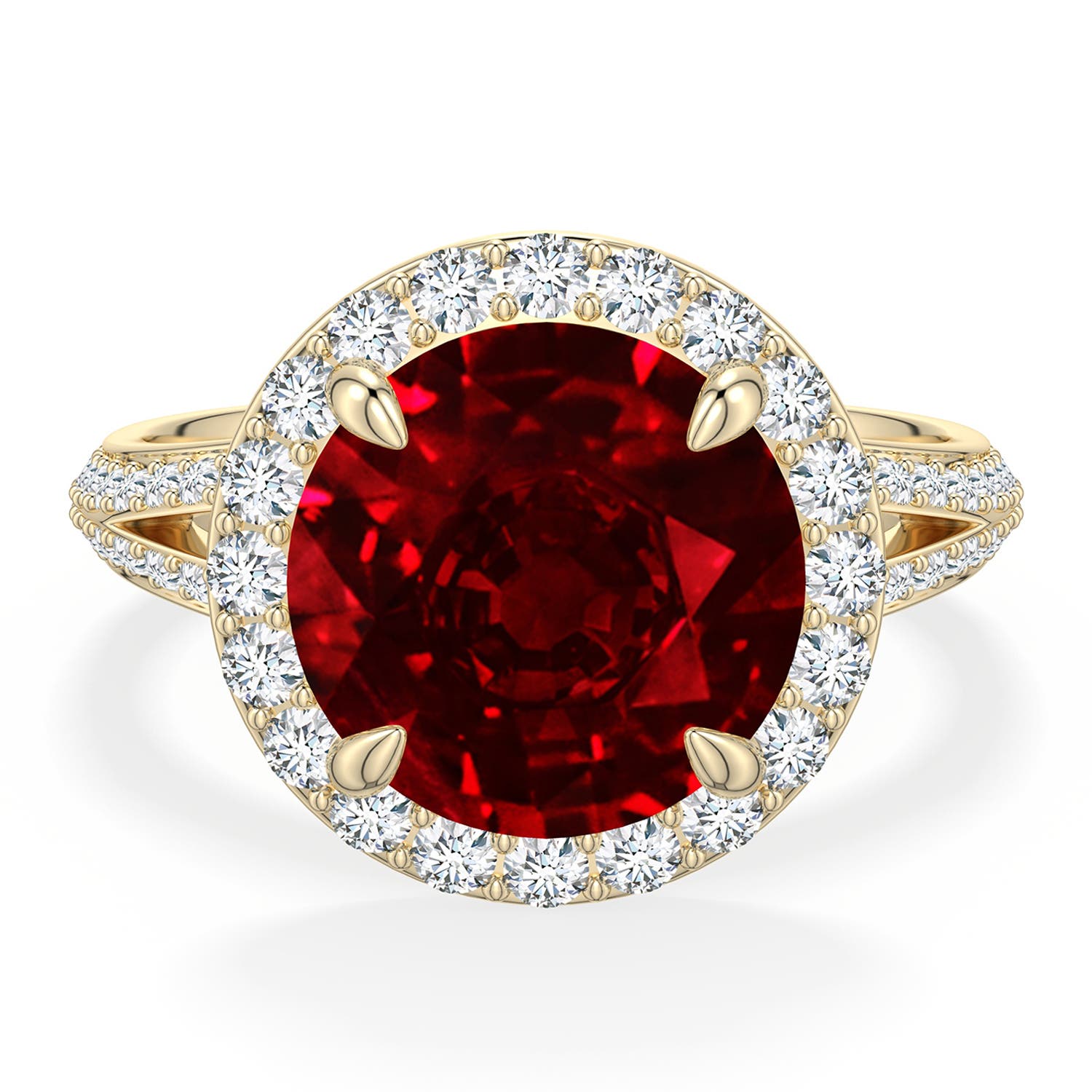 Angara 5.31 CTW Round Ruby Halo Engagement Ring with Accents in 18K Yellow Gold
