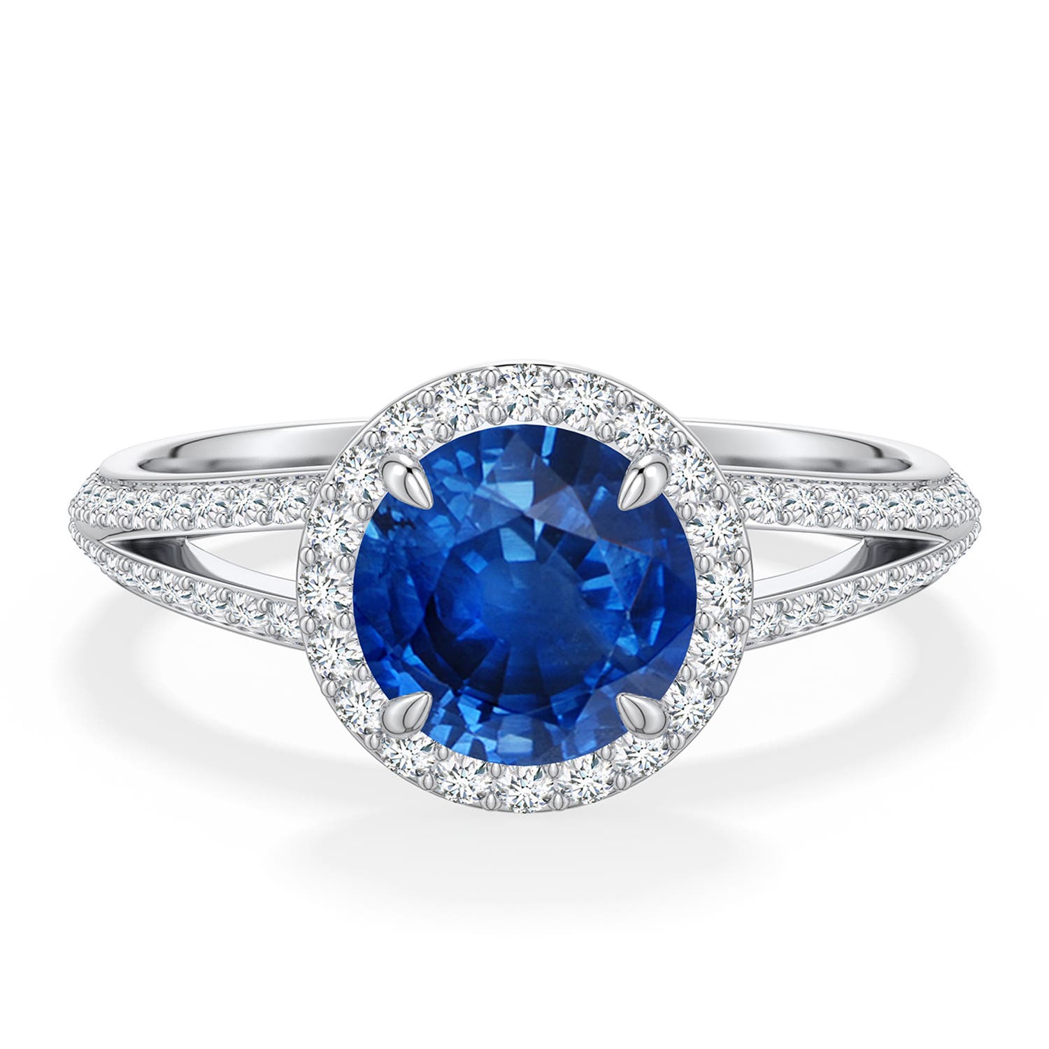 7mm AAA Round Blue Sapphire Halo Engagement Ring with Accents in White Gold - main