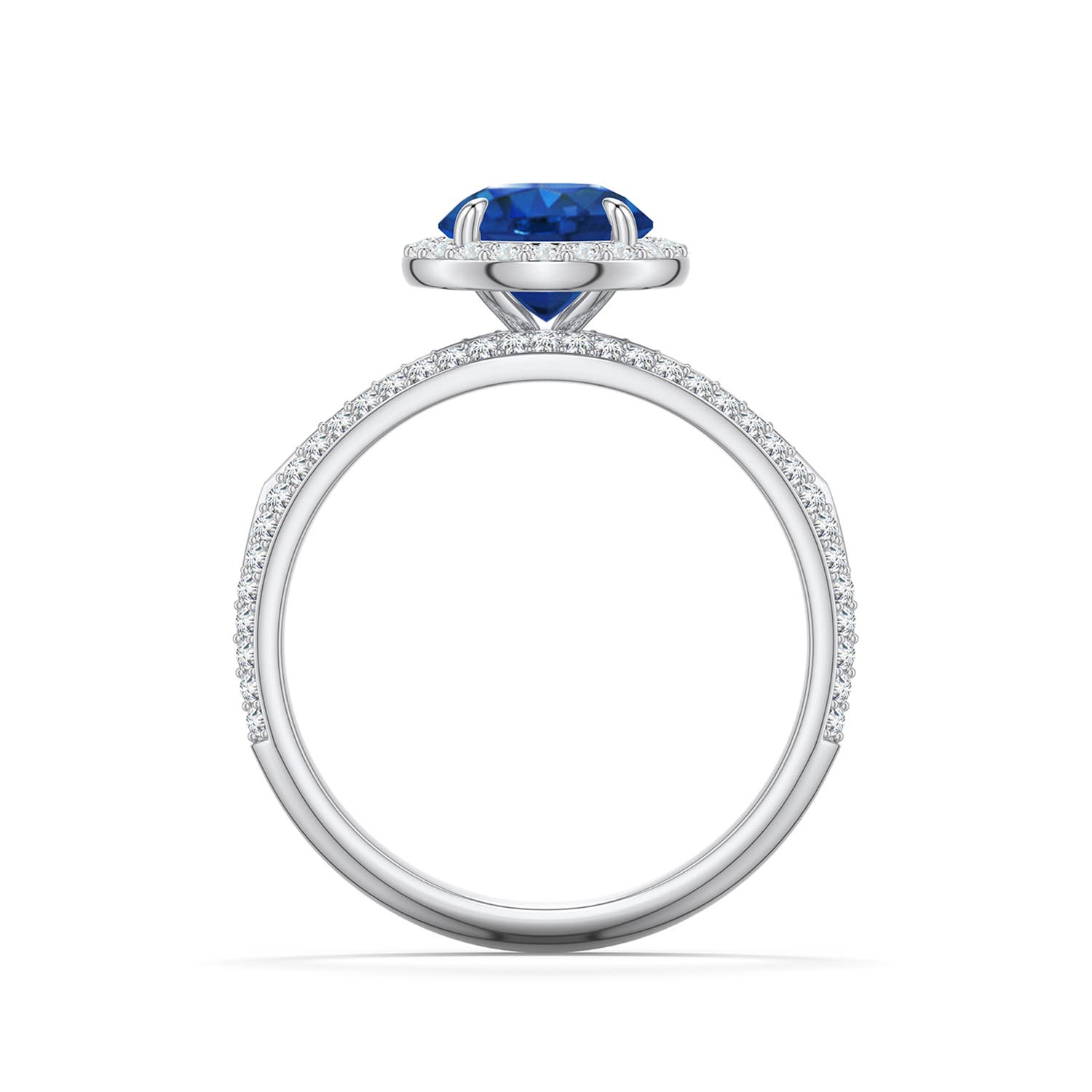 7mm AAA Round Blue Sapphire Halo Engagement Ring with Accents in White Gold - side 1
