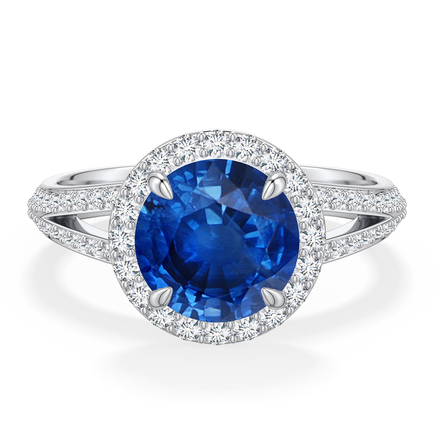 8mm AAA Round Blue Sapphire Halo Engagement Ring with Accents in White Gold - main